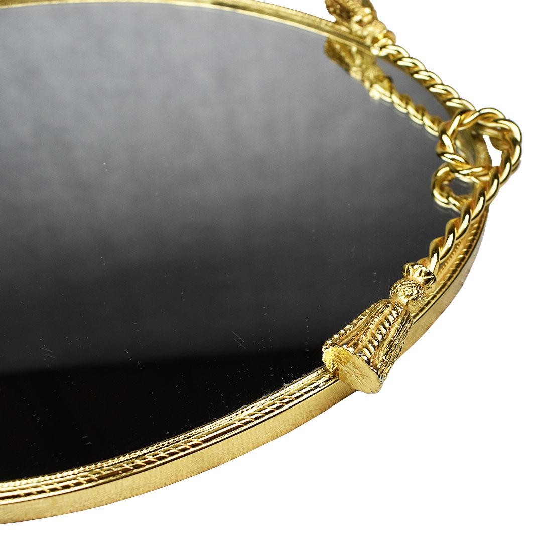 Italian Hollywood Regency Style Oval Brass Mirrored Vanity Tray with Brass Tassels