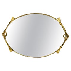 Hollywood Regency Style Oval Brass Mirrored Vanity Tray with Brass Tassels