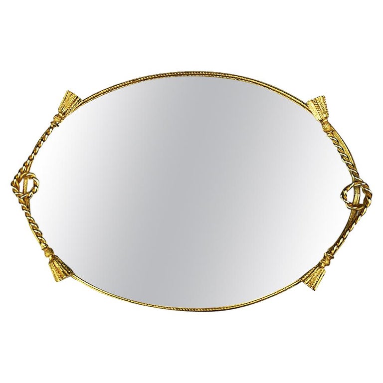 Hollywood Regency Style Oval Brass Mirrored Vanity Tray with Brass