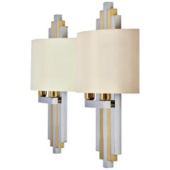Hollywood Regency Style Oversized Chrome & Brass 1980s Wall Lights or Sconces