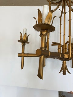 Hollywood Regency Style Pagoda Gilded Gold Iron and Tole Faux Bamboo Chandelier