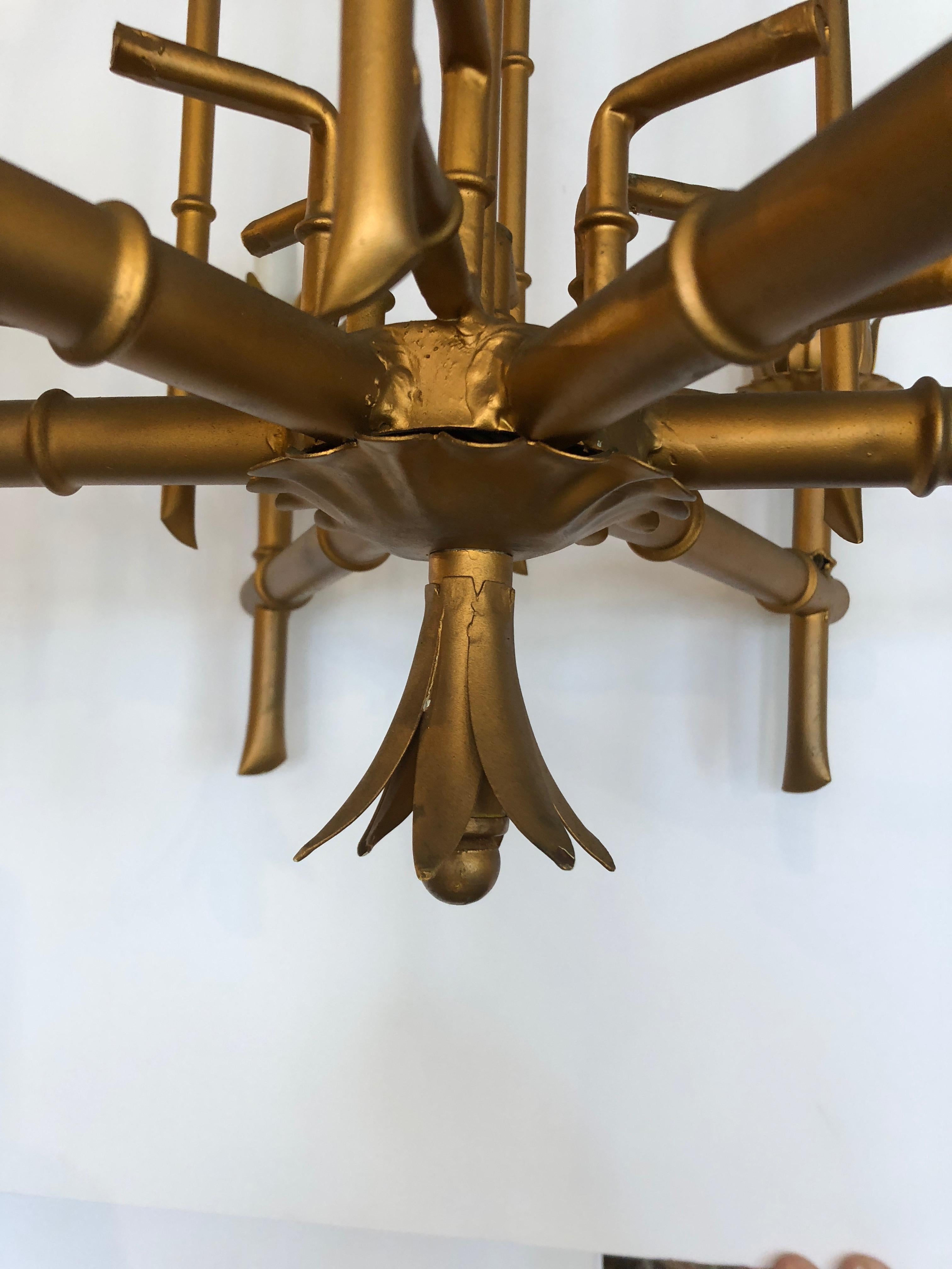 Mid-20th Century Hollywood Regency Style Pagoda Gilded Gold Iron and Tole Faux Bamboo Chandelier