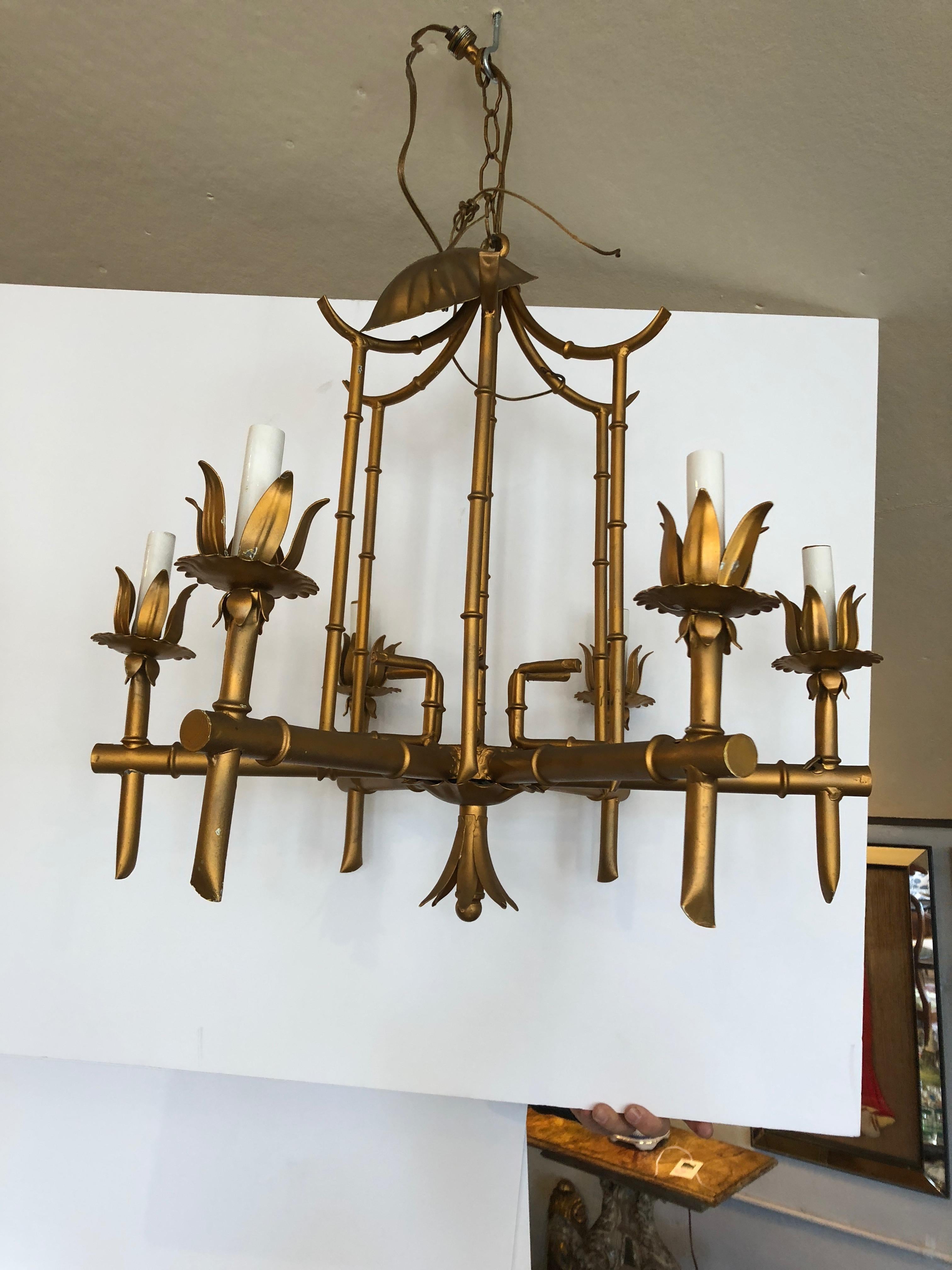 Hollywood Regency Style Pagoda Gilded Gold Iron and Tole Faux Bamboo Chandelier 1