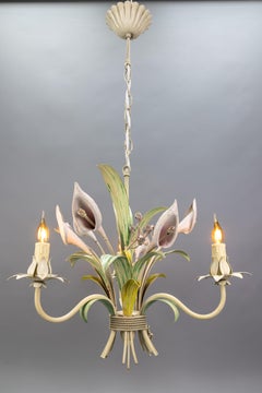 Hollywood Regency Style Pastel Color Callas Lily Flower Bouquet Metal Chandelier