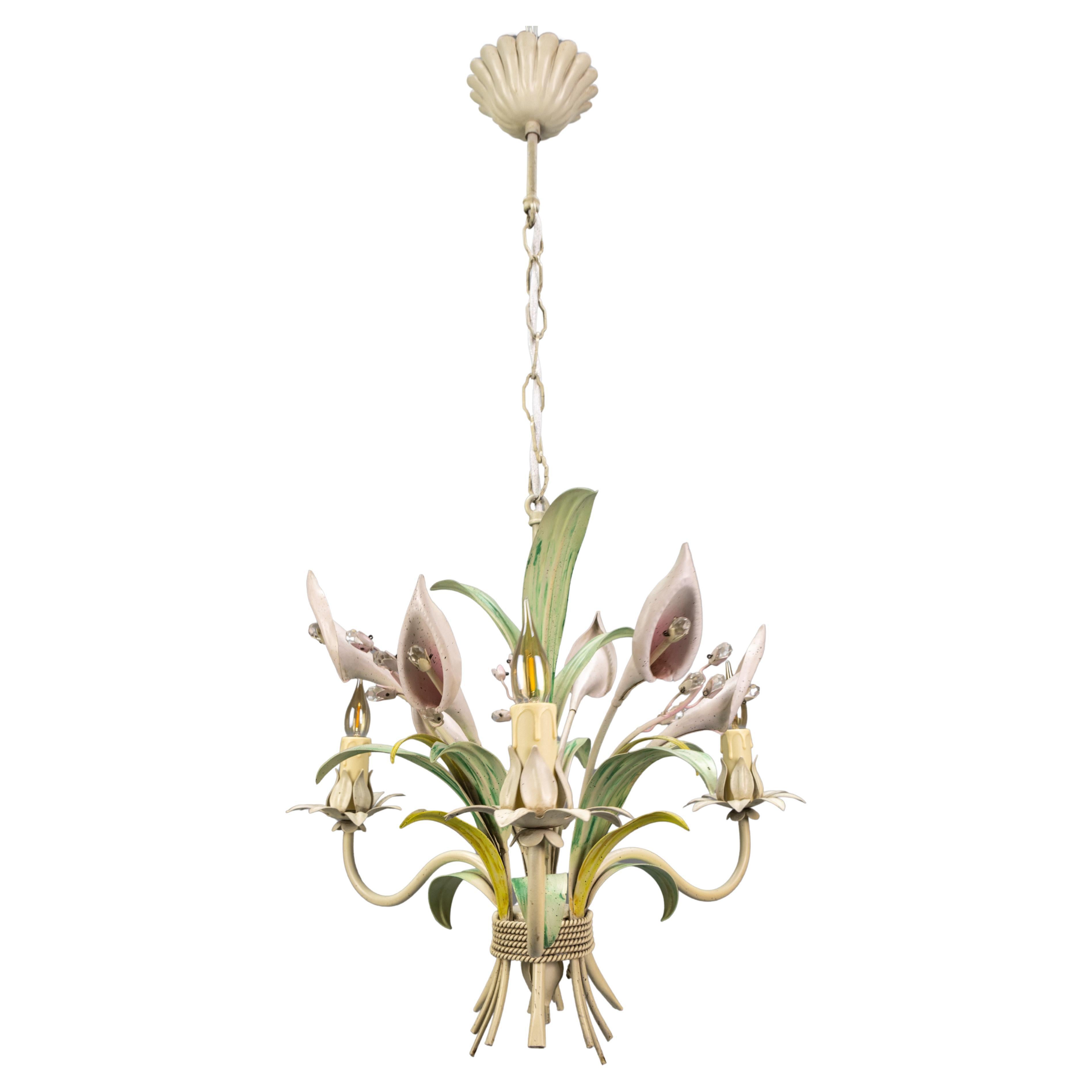 Hollywood Regency-Stil Pastellfarbener Callas Lily Blumenstrauß Metall-Kronleuchter, Hollywood Regency-Stil im Angebot