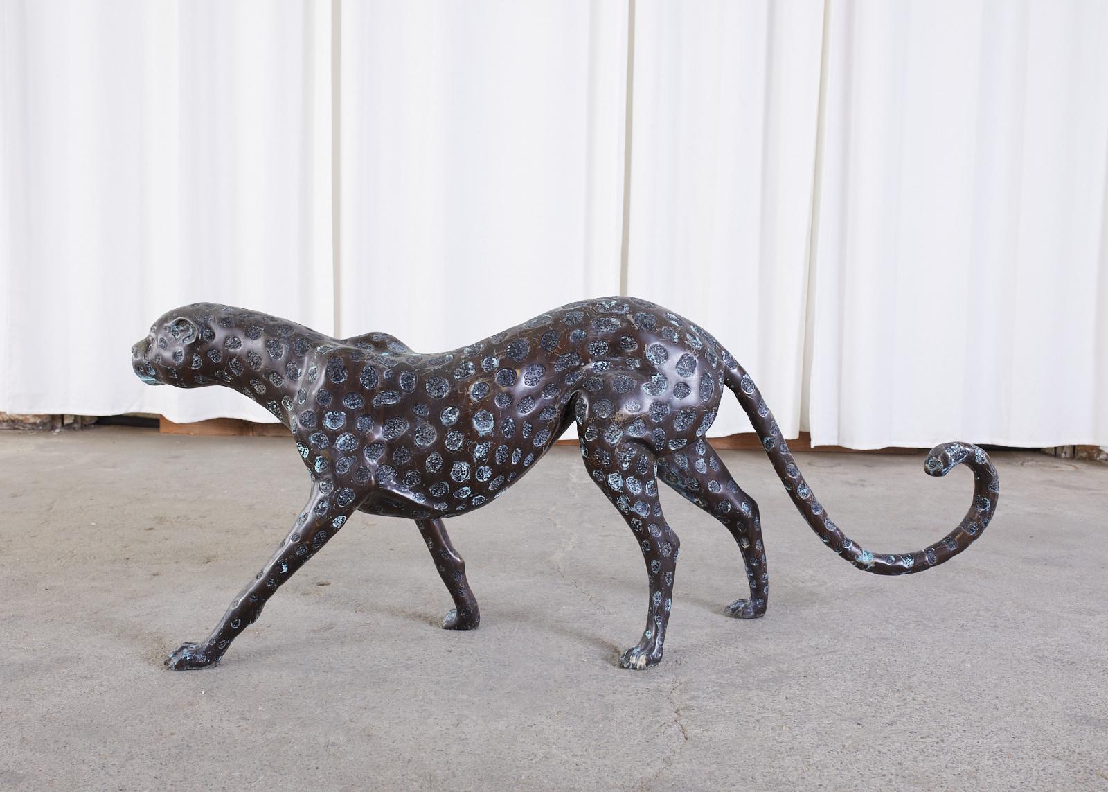 Hollywood Regency Style Patinated Bronze Cheetah Sculpture For Sale 1