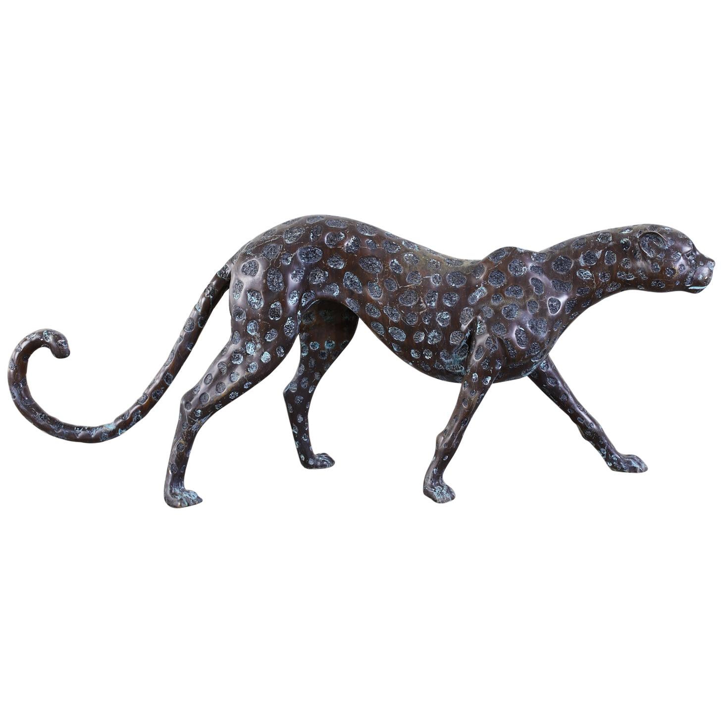 Hollywood Regency Style Patinated Bronze Cheetah Sculpture For Sale