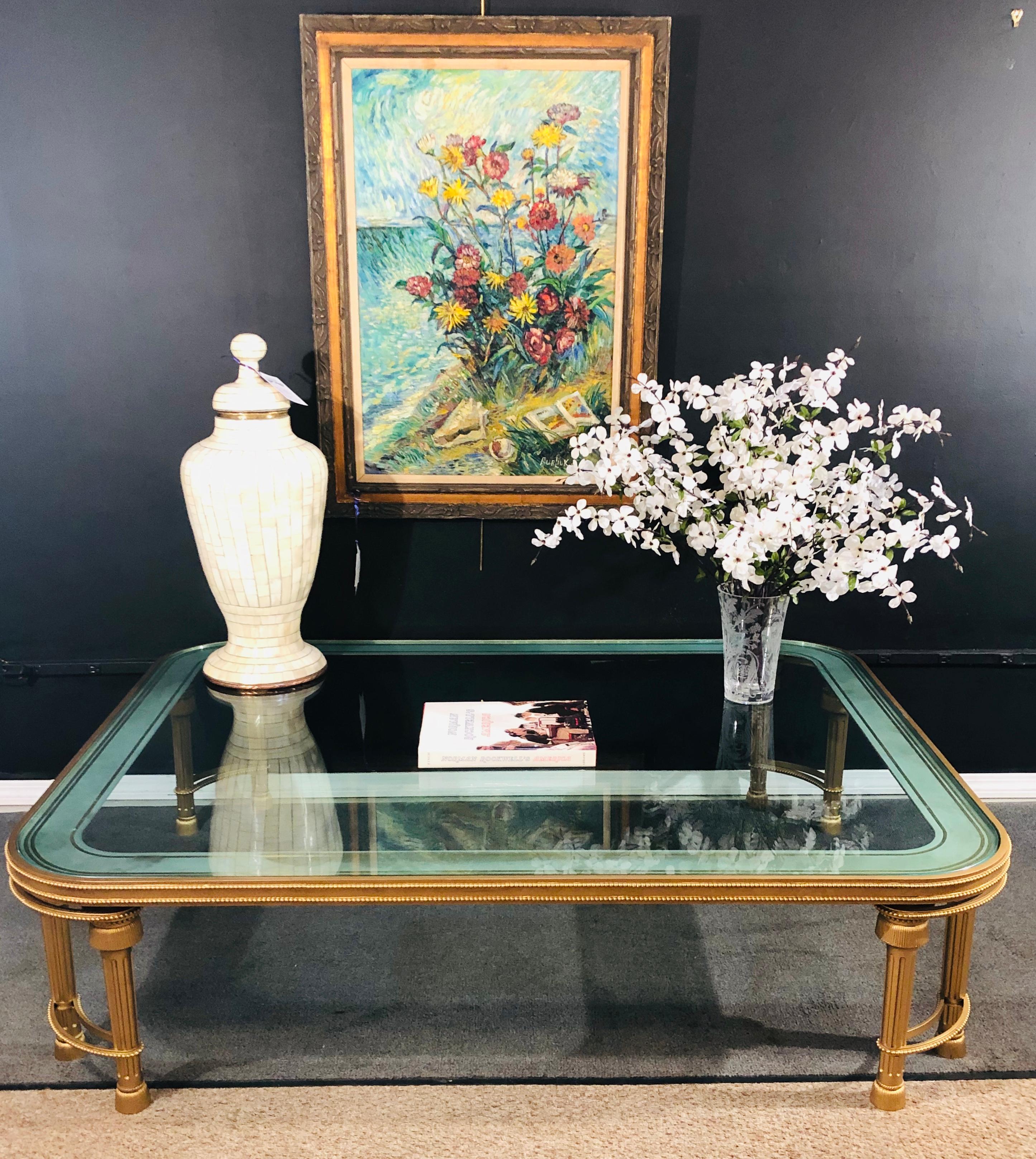 Hollywood Regency Style P.E. Guerin Coffee Table with Etched Glass Solid Bronze 13