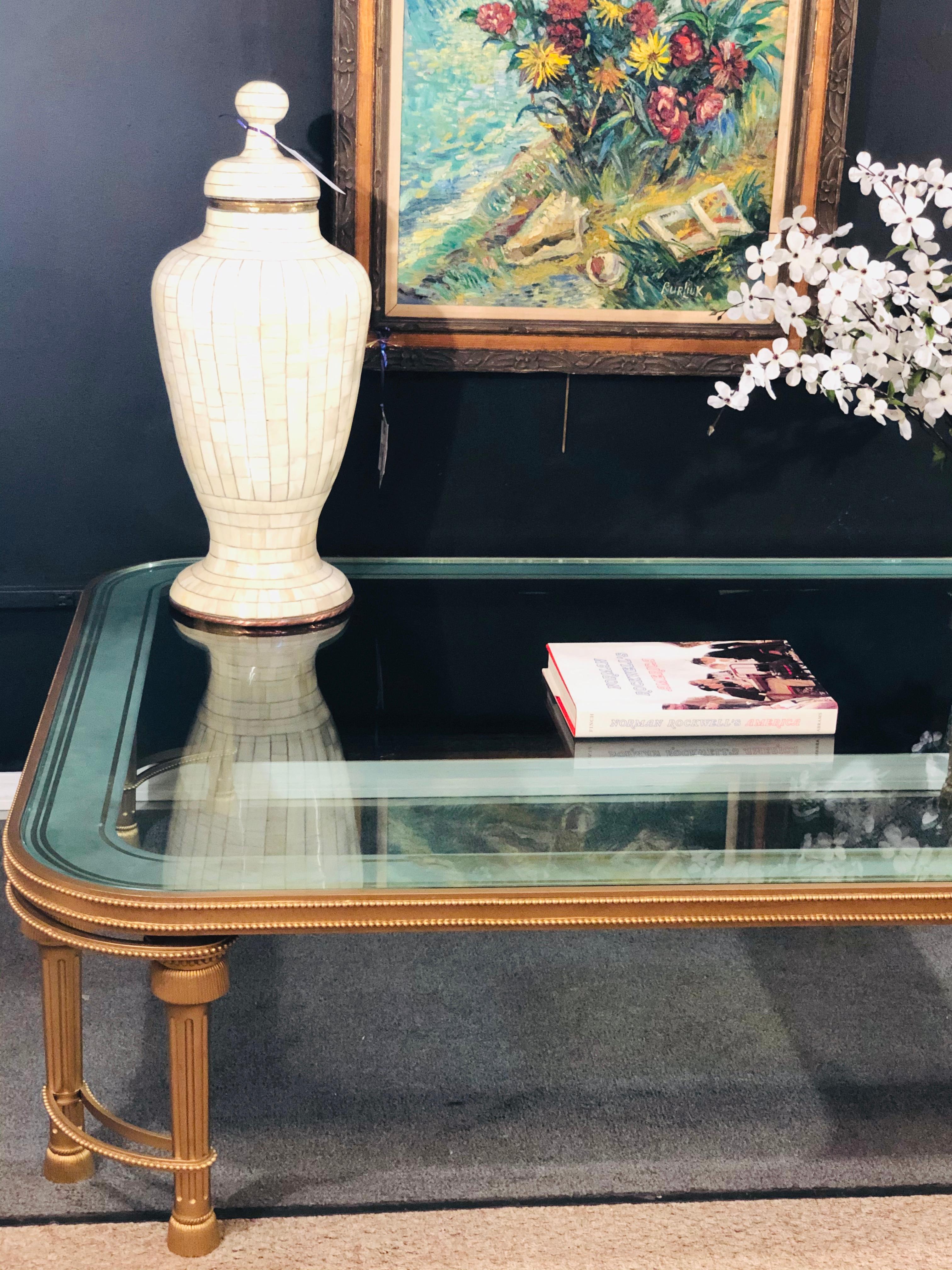 Hollywood Regency Style P.E. Guerin Coffee Table with Etched Glass Solid Bronze 14