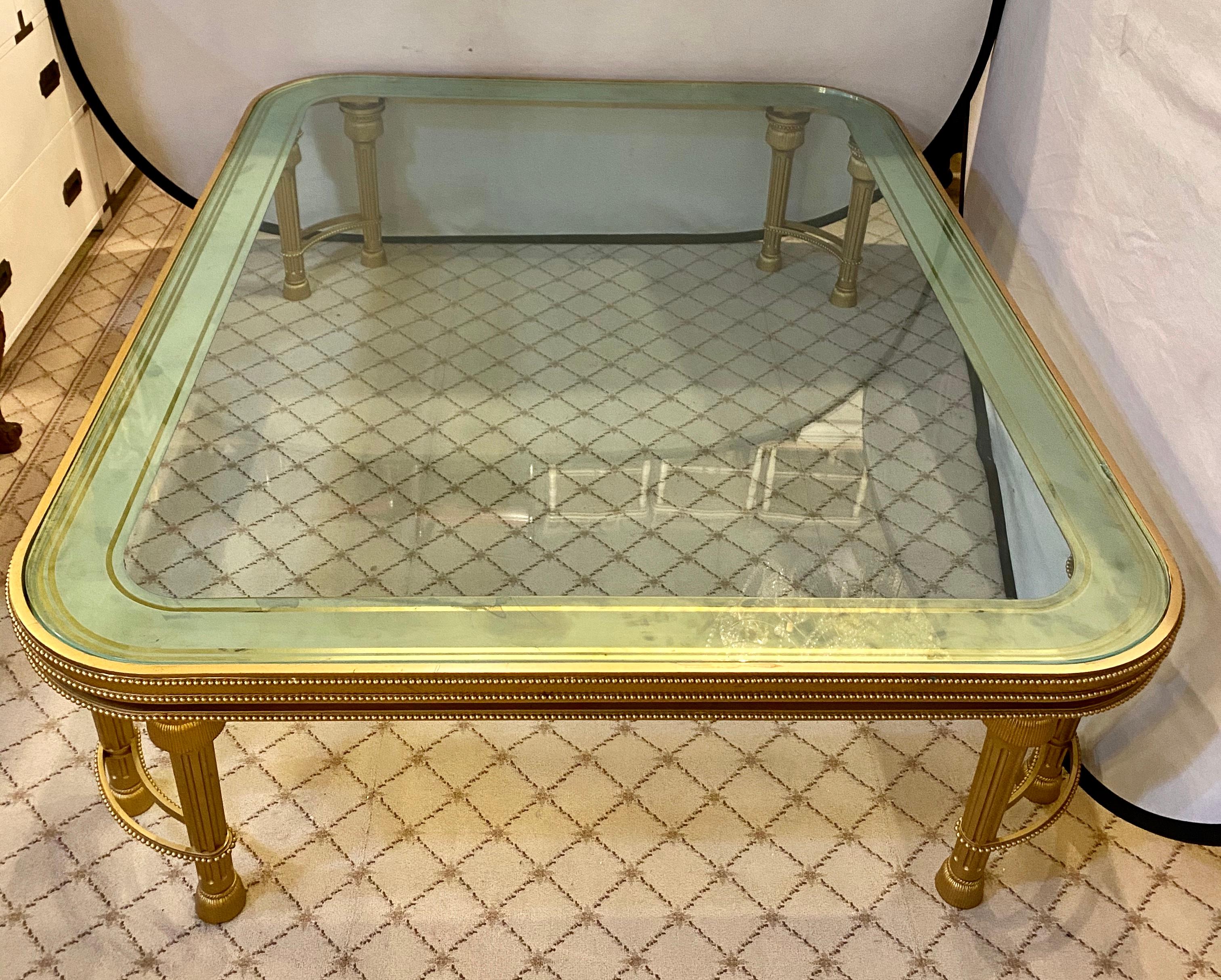 Hollywood Regency Style P.E. Guerin Coffee Table with Etched Glass Solid Bronze In Good Condition In Manhasset, NY
