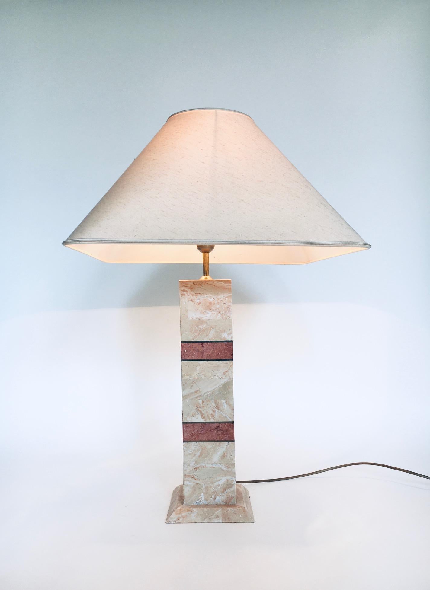 Vintage Postmodern era Hollywood Regency Style Italian Design Pink Marble Table Lamp set, made in Italy 1970's. Majestic table lamp set. Architectural in design. 2 Color marble base with brass trim and rounded square original lamp shade on both