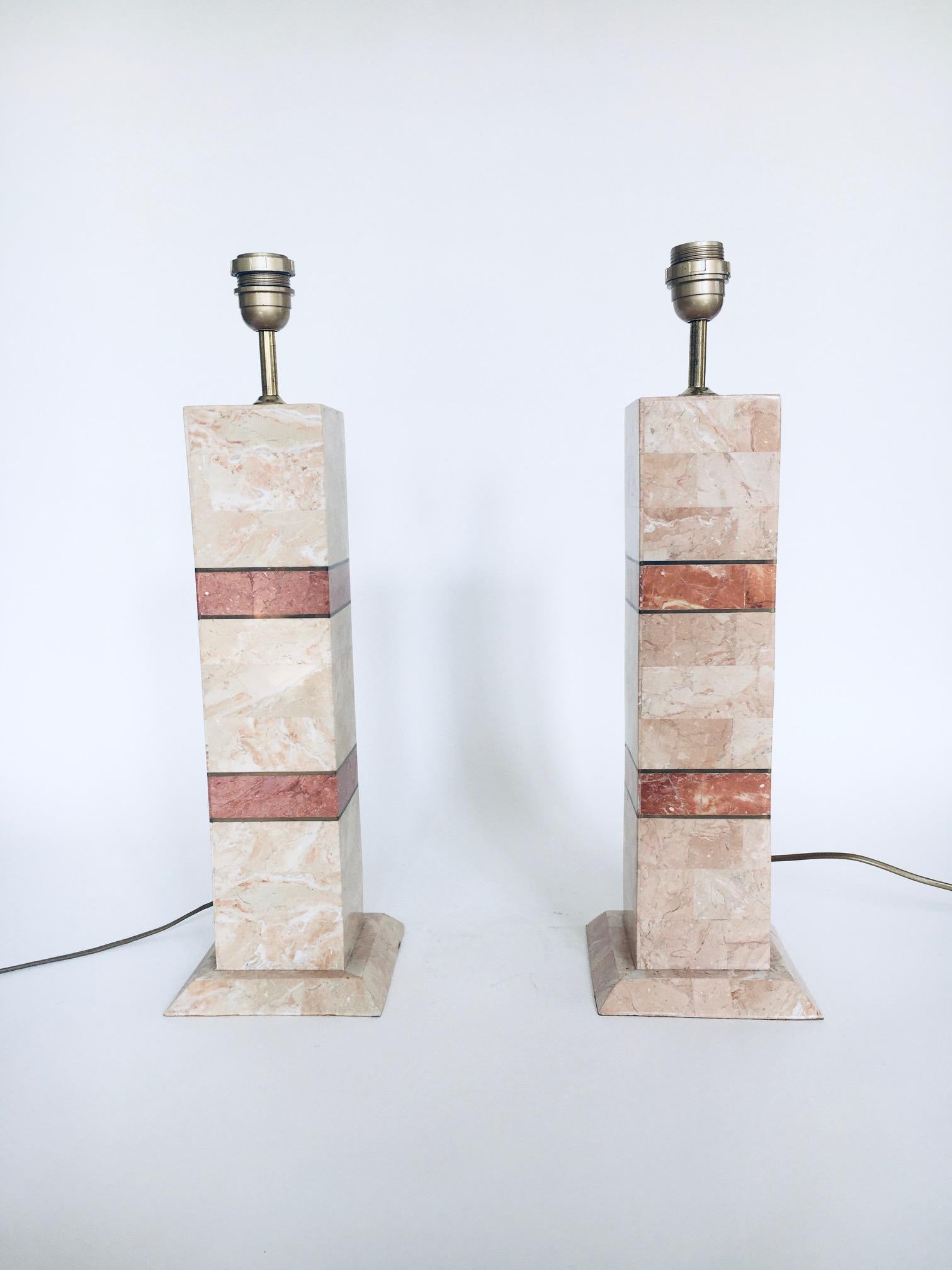 Hollywood Regency Style Pink Marble Table Lamp Set, Italy 1970's In Good Condition For Sale In Oud-Turnhout, VAN