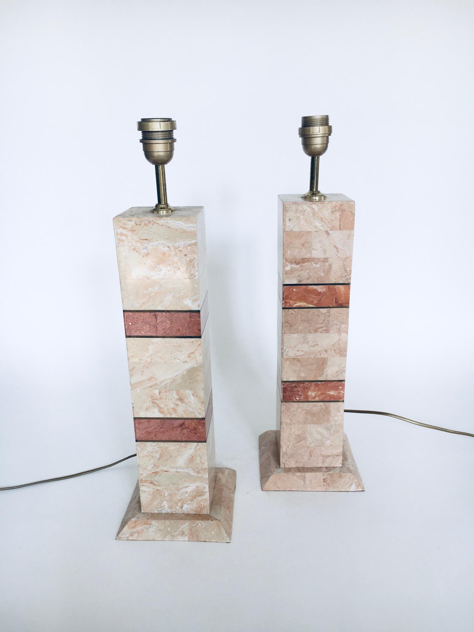 Late 20th Century Hollywood Regency Style Pink Marble Table Lamp Set, Italy 1970's For Sale