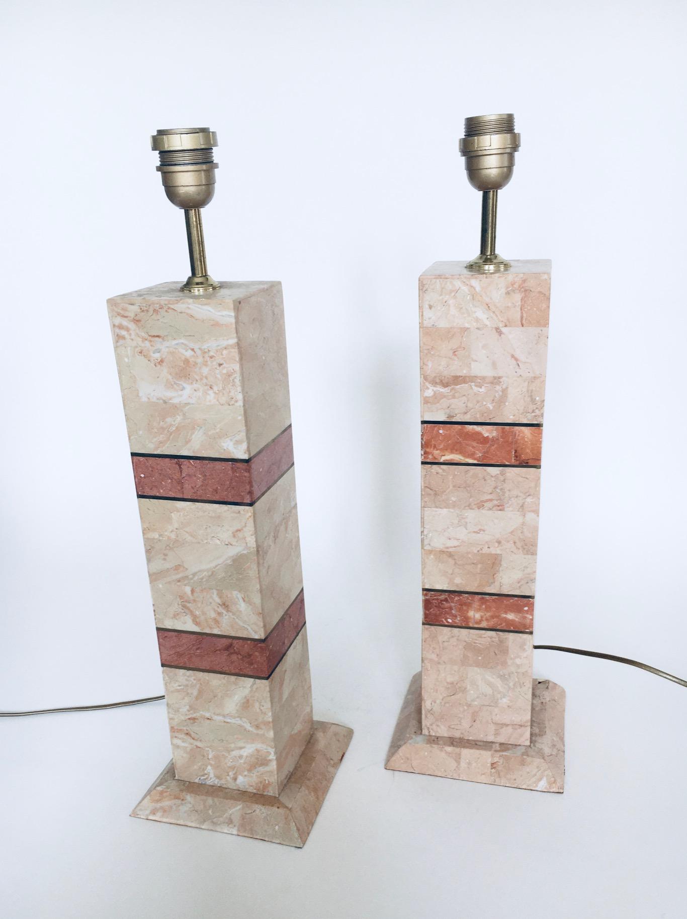Brass Hollywood Regency Style Pink Marble Table Lamp Set, Italy 1970's For Sale