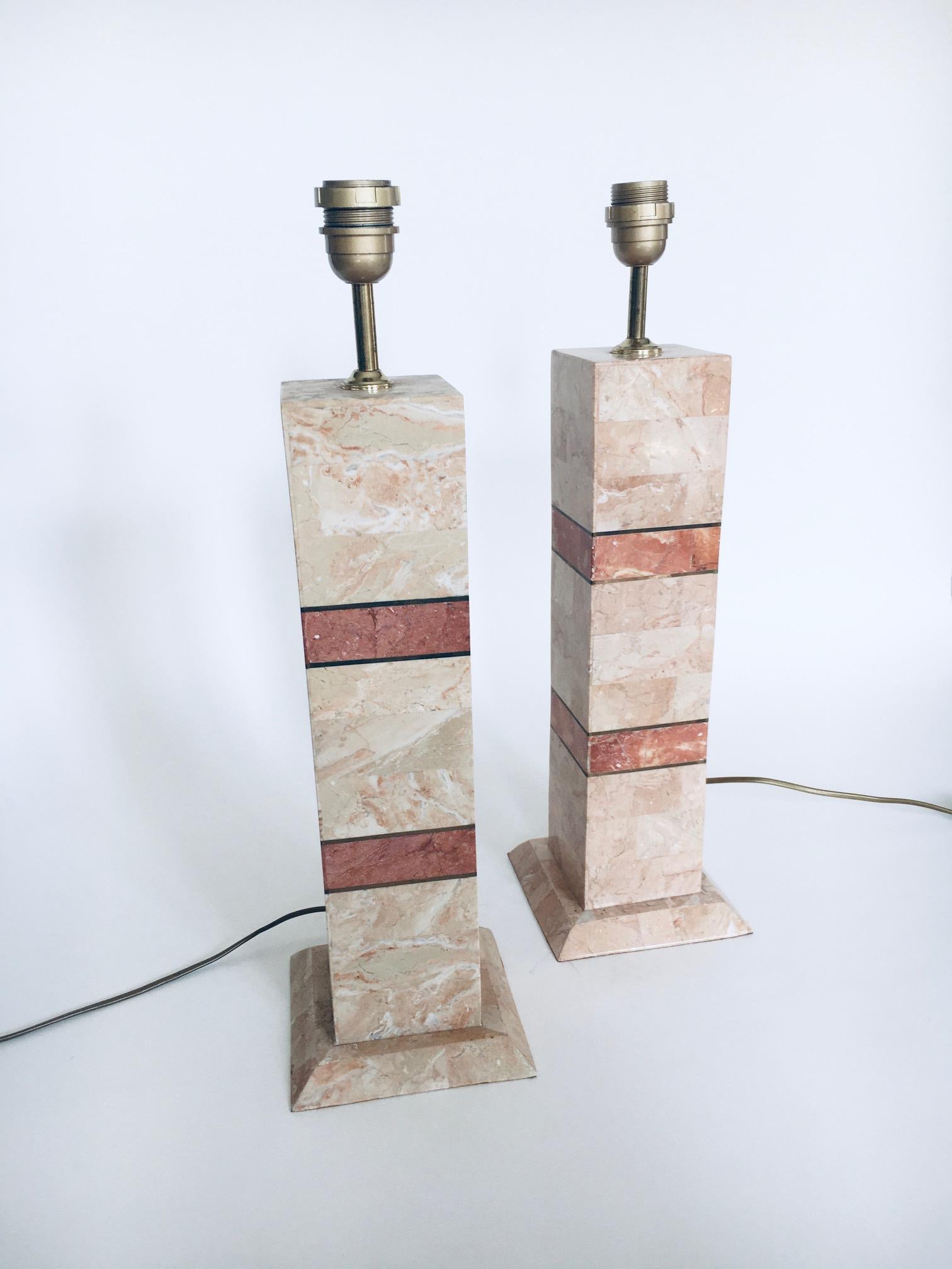 Hollywood Regency Style Pink Marble Table Lamp Set, Italy 1970's For Sale 1