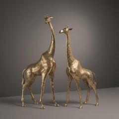 Hollywood Regency Style Polished Brass Giraffe Sculptures, Pair