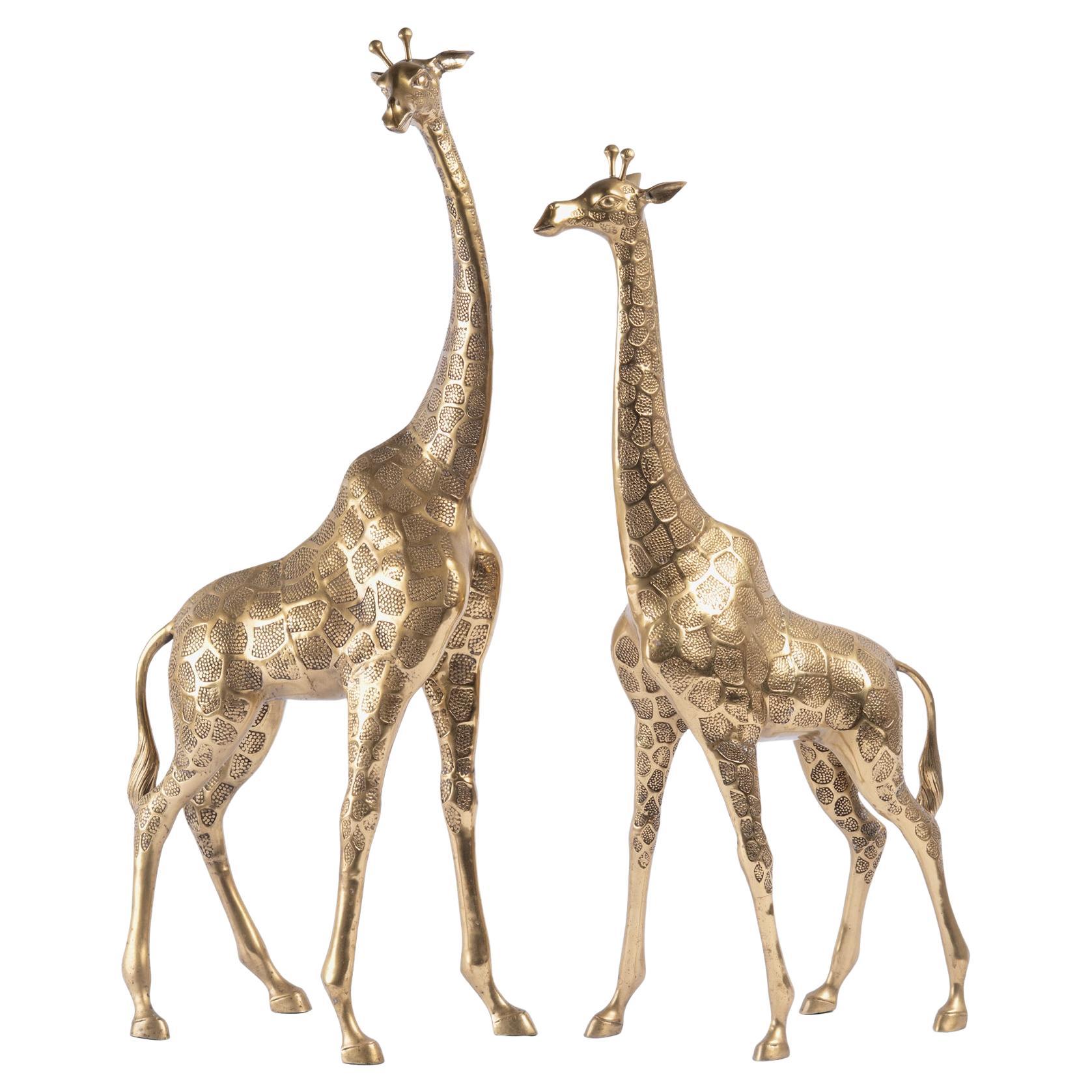 Hollywood Regency Style Polished Brass Giraffe Sculptures, Pair