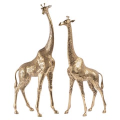 Hollywood Regency Style Polished Brass Giraffe Sculptures, Pair