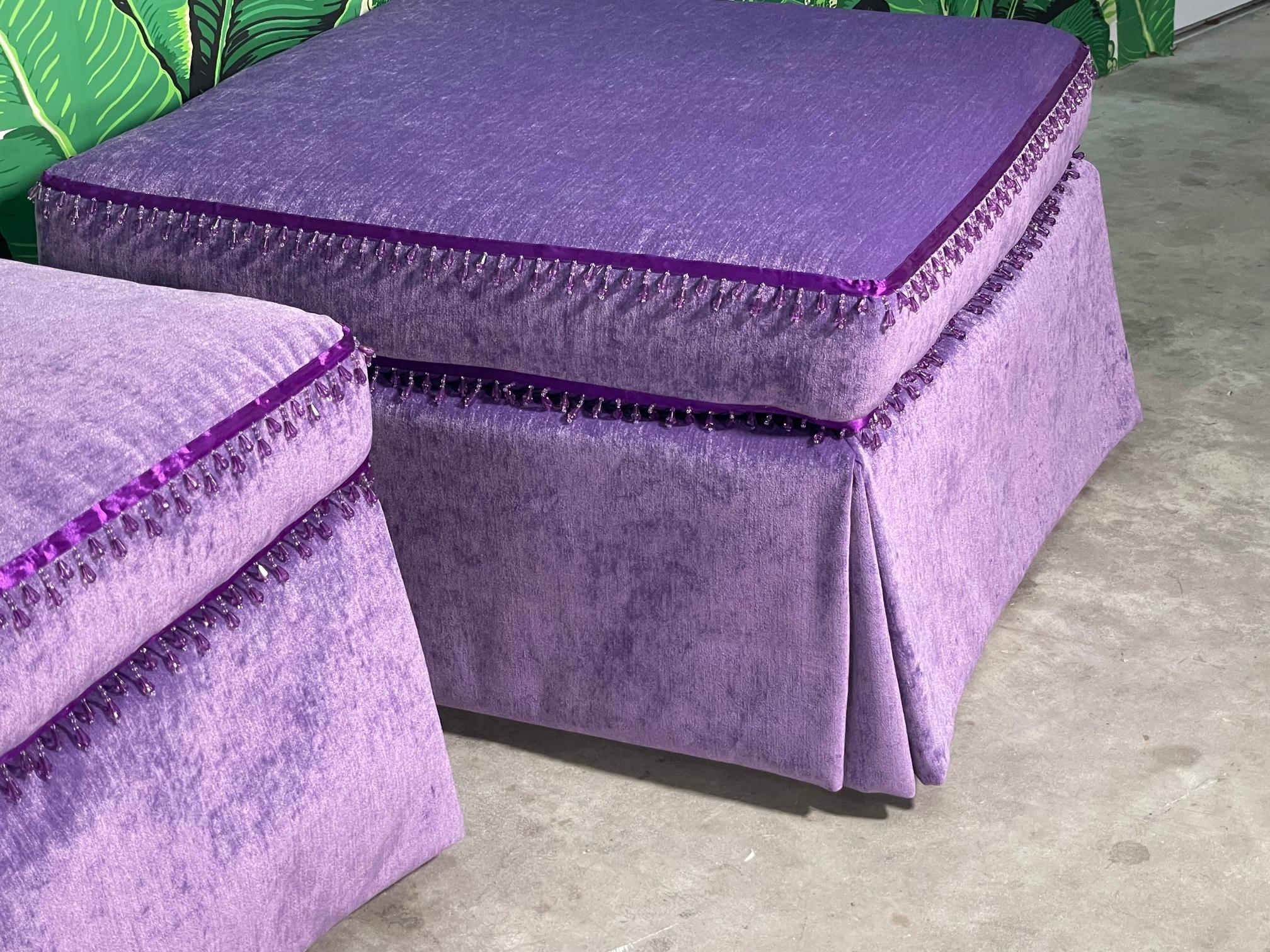 Hollywood Regency Style Purple Velvet Ottomans, a Pair In Good Condition For Sale In Jacksonville, FL