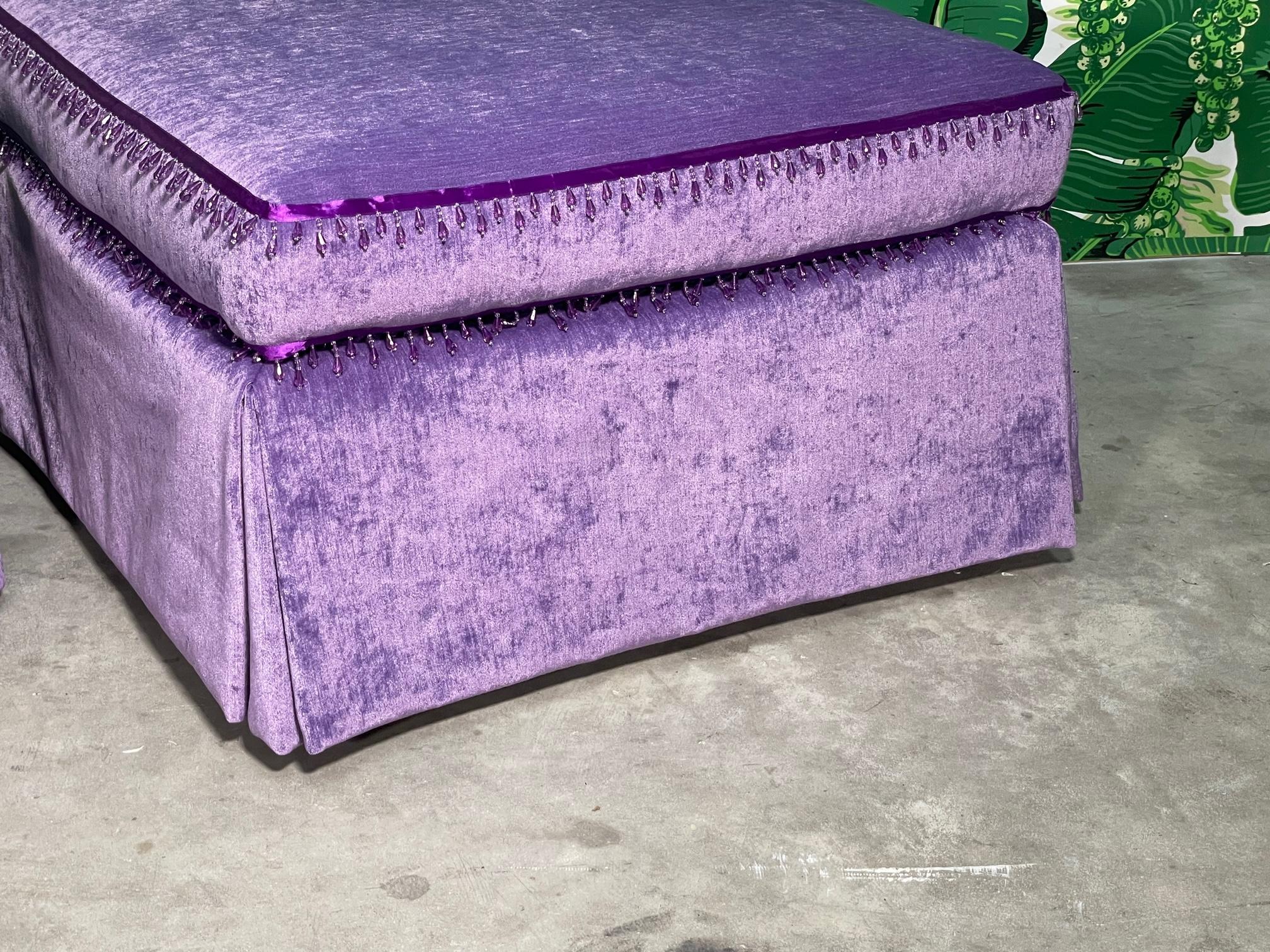 Late 20th Century Hollywood Regency Style Purple Velvet Ottomans, a Pair For Sale