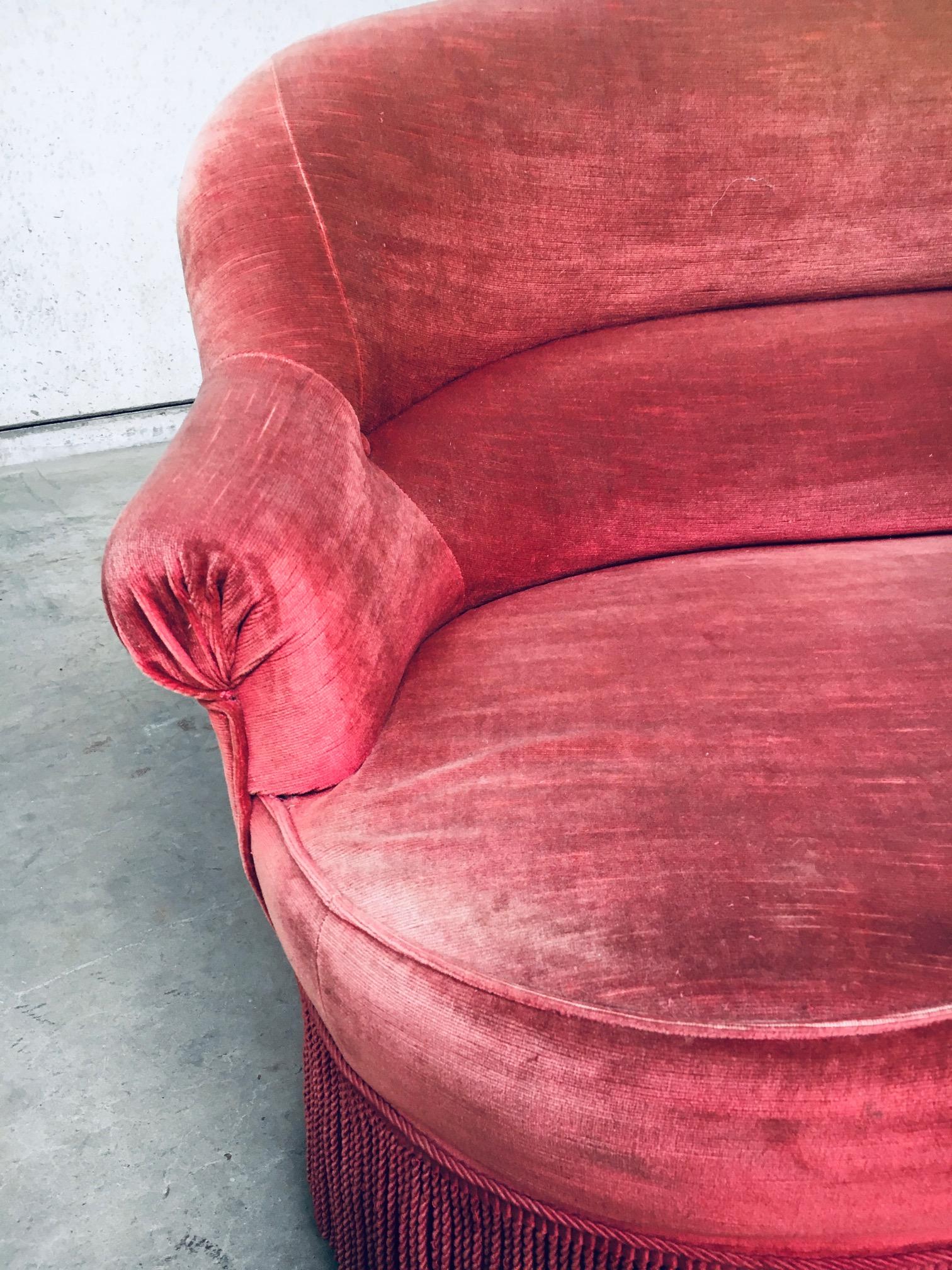 Hollywood Regency Style Red Pink Velvet Love Seat Sofa with Fringe, 1950's 4