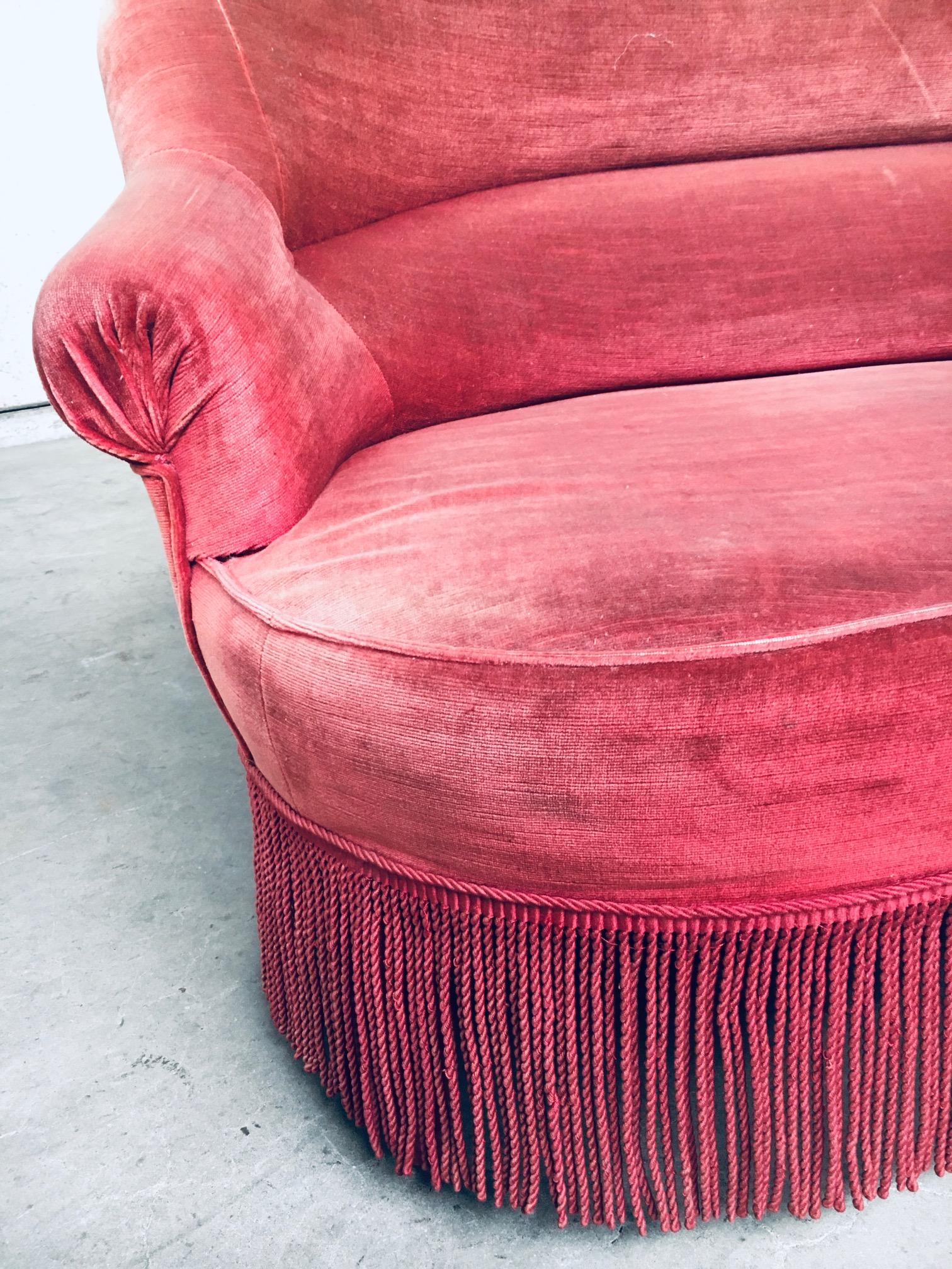 Hollywood Regency Style Red Pink Velvet Love Seat Sofa with Fringe, 1950's 5