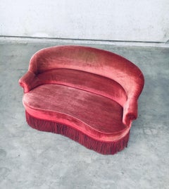 Hollywood Regency Style Red Pink Velvet Love Seat Sofa with Fringe, 1950's
