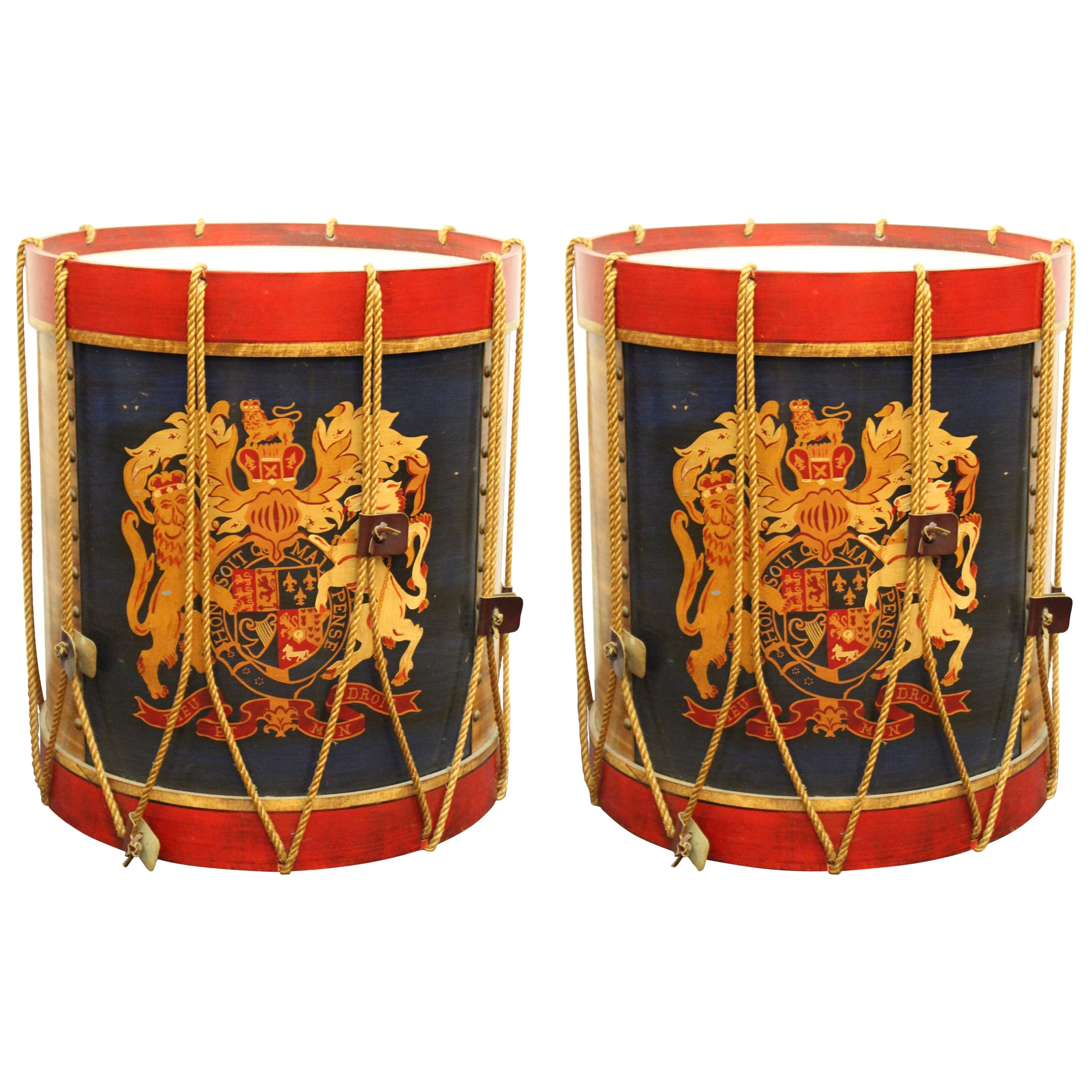 Hollywood Regency Style Regimental British Drum Side Tables