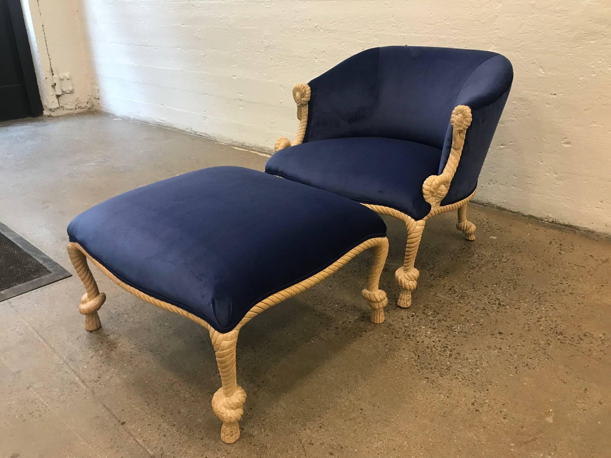 Rope and tassel chair with matching ottoman in blue velvet. The chair has a carved wood rope style frame with beautiful, newly upholstered, velvet upholstery.
Chair measures: 27.5 W x 28 D x 26.5 H
Ottoman measures: 25.5 W x 23.5 D x 15.5 H.