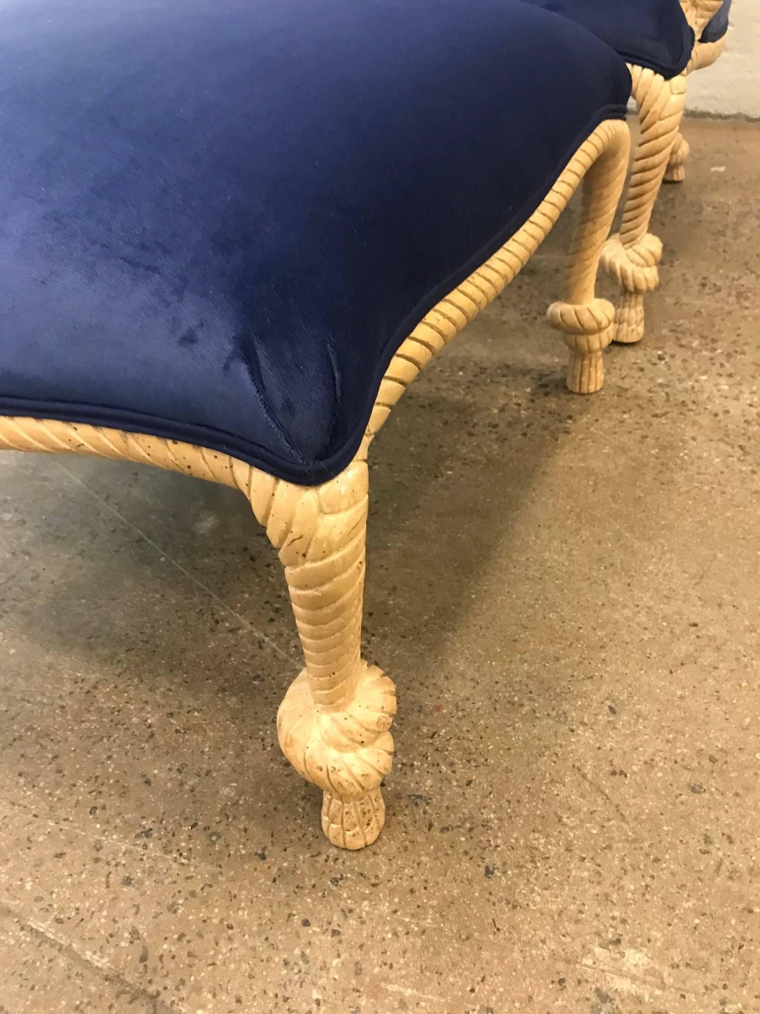 Unknown Hollywood Regency Style Rope & Tassel Chair with Matching Ottoman in Blue Velvet For Sale