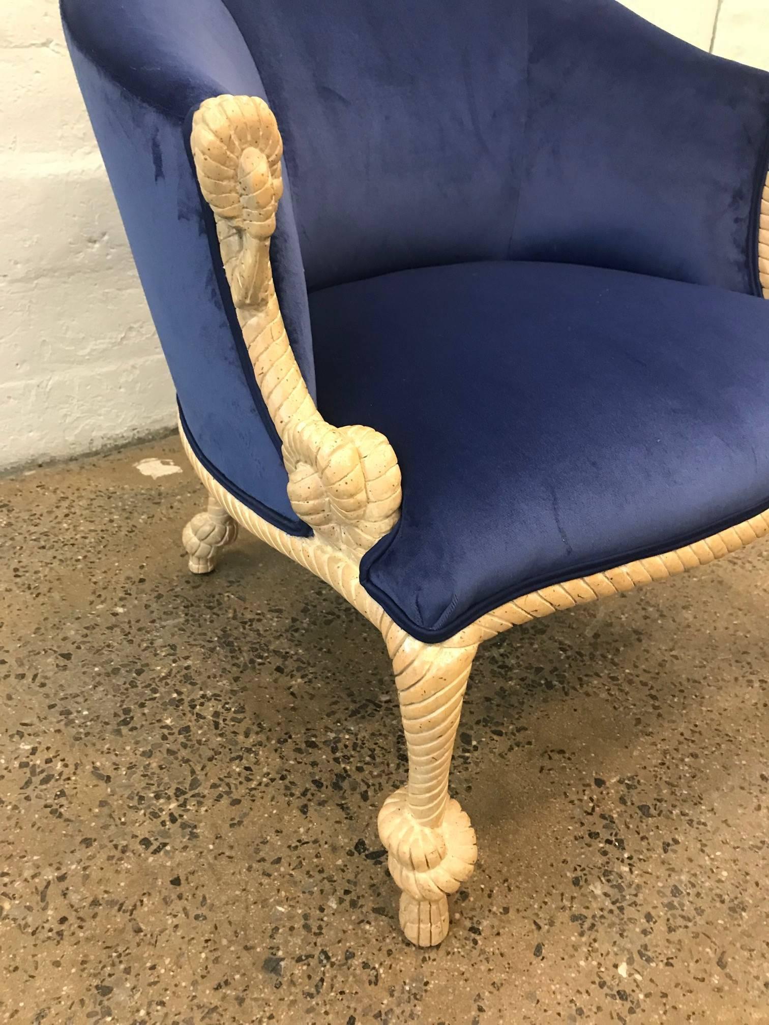 Carved Hollywood Regency Style Rope & Tassel Chair with Matching Ottoman in Blue Velvet For Sale