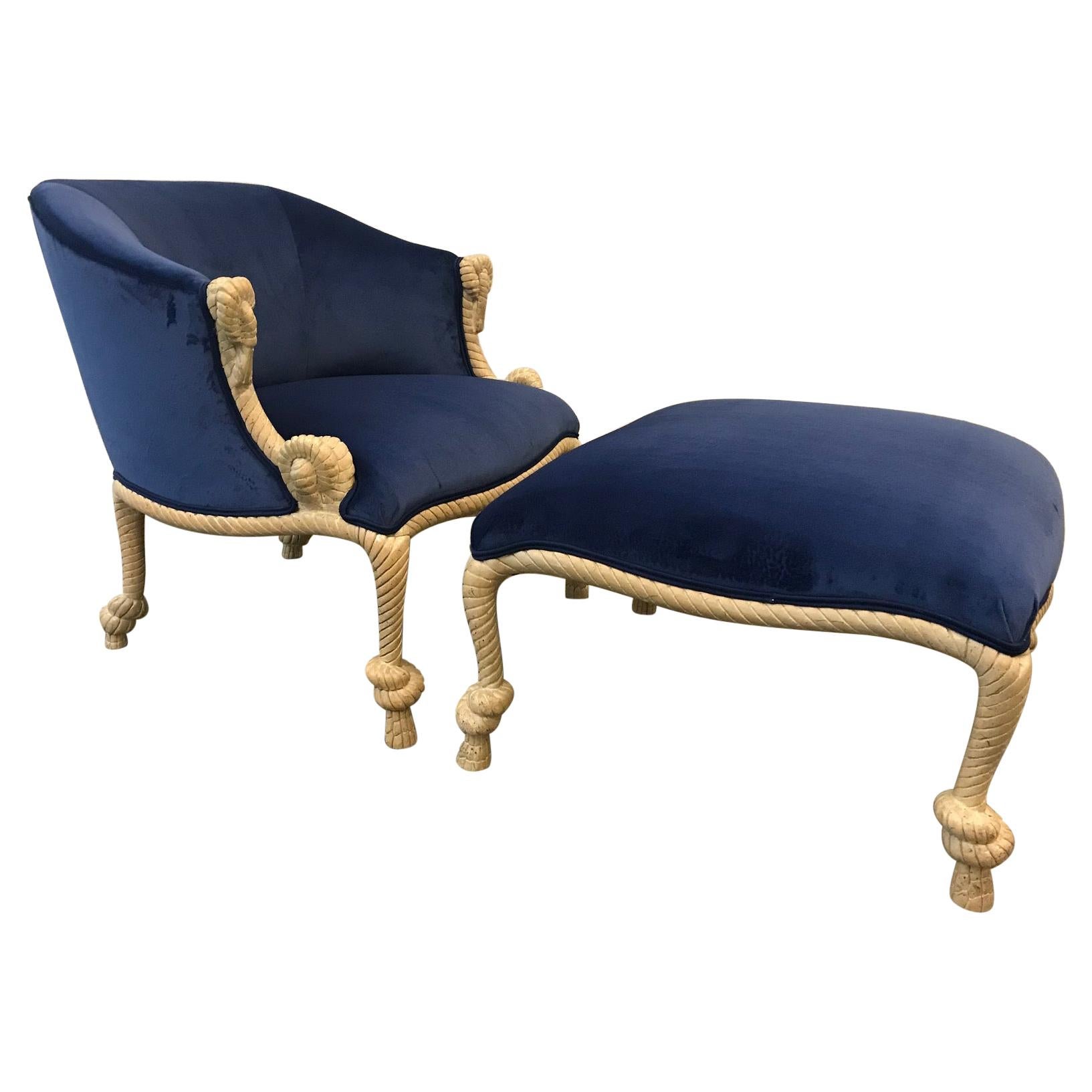 Hollywood Regency Style Rope & Tassel Chair with Matching Ottoman in Blue Velvet For Sale