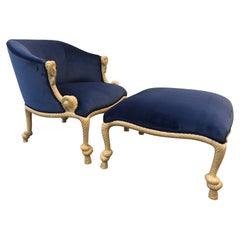 Chaise en corde et pampilles de style Hollywood Regency avec ottoman assorti en velours bleu