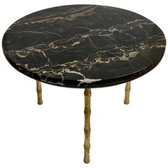 Hollywood Regency Style Round Brass Bamboo and Marble Cocktail Table, Italy