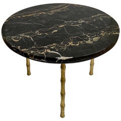 Antique Hollywood Regency Style Round Brass Bamboo and Marble Cocktail Table, Italy