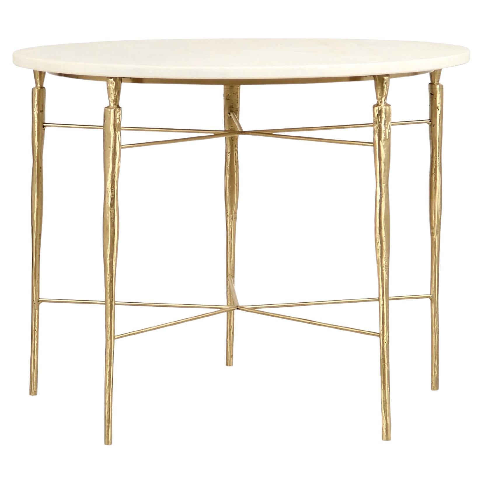 Mesa de Centro Redonda Estilo Hollywood Regency Dorada a Mano y Estremoz Blanca