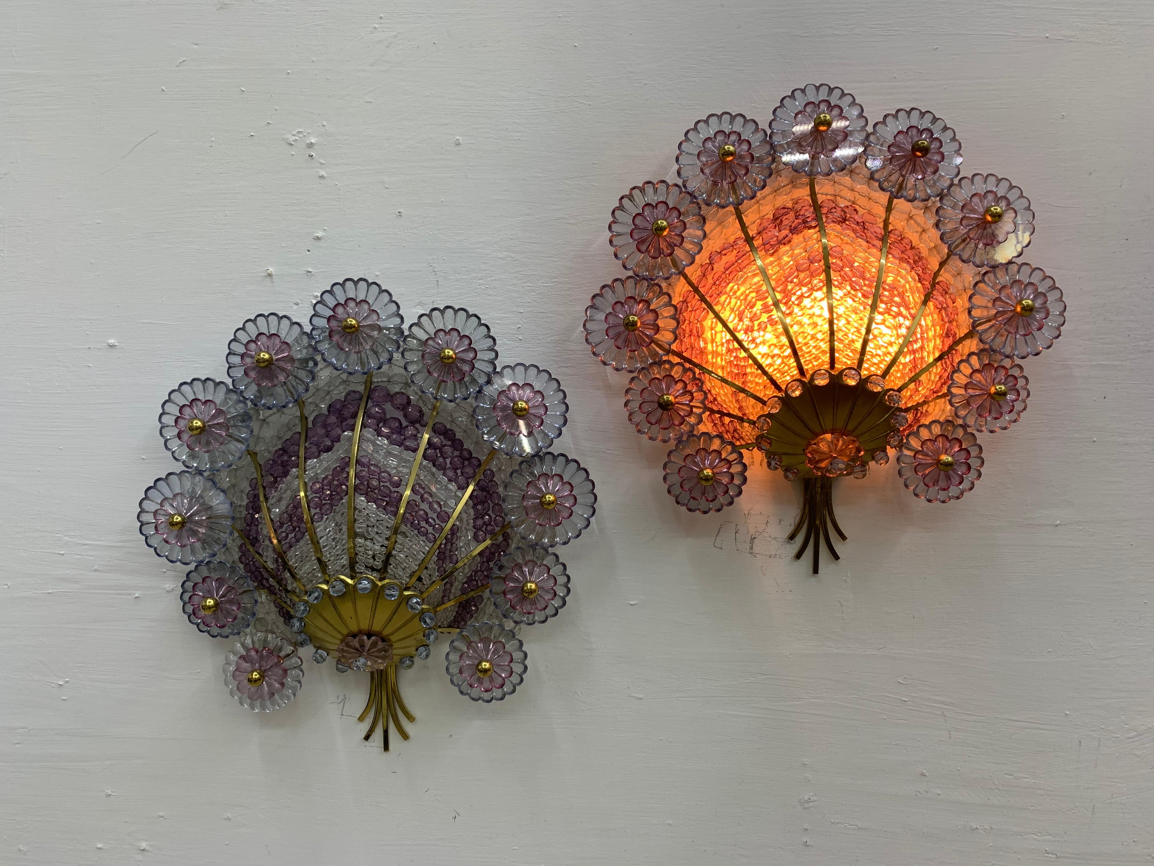 Hollywood Regency Style Sconces in Brass and Cut Glass Beads, Austria circa 1950 For Sale 7
