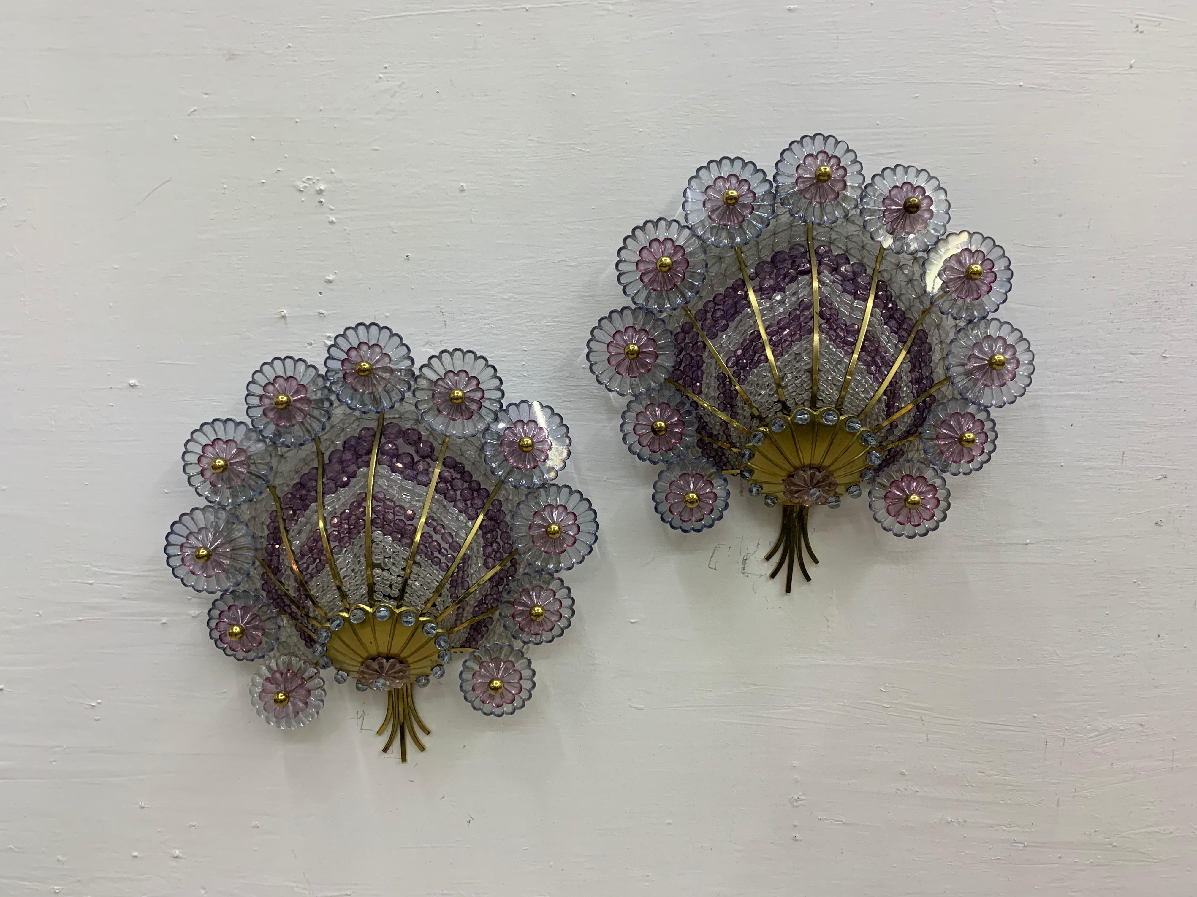 Hollywood Regency Style Sconces in Brass and Cut Glass Beads, Austria circa 1950 For Sale 11