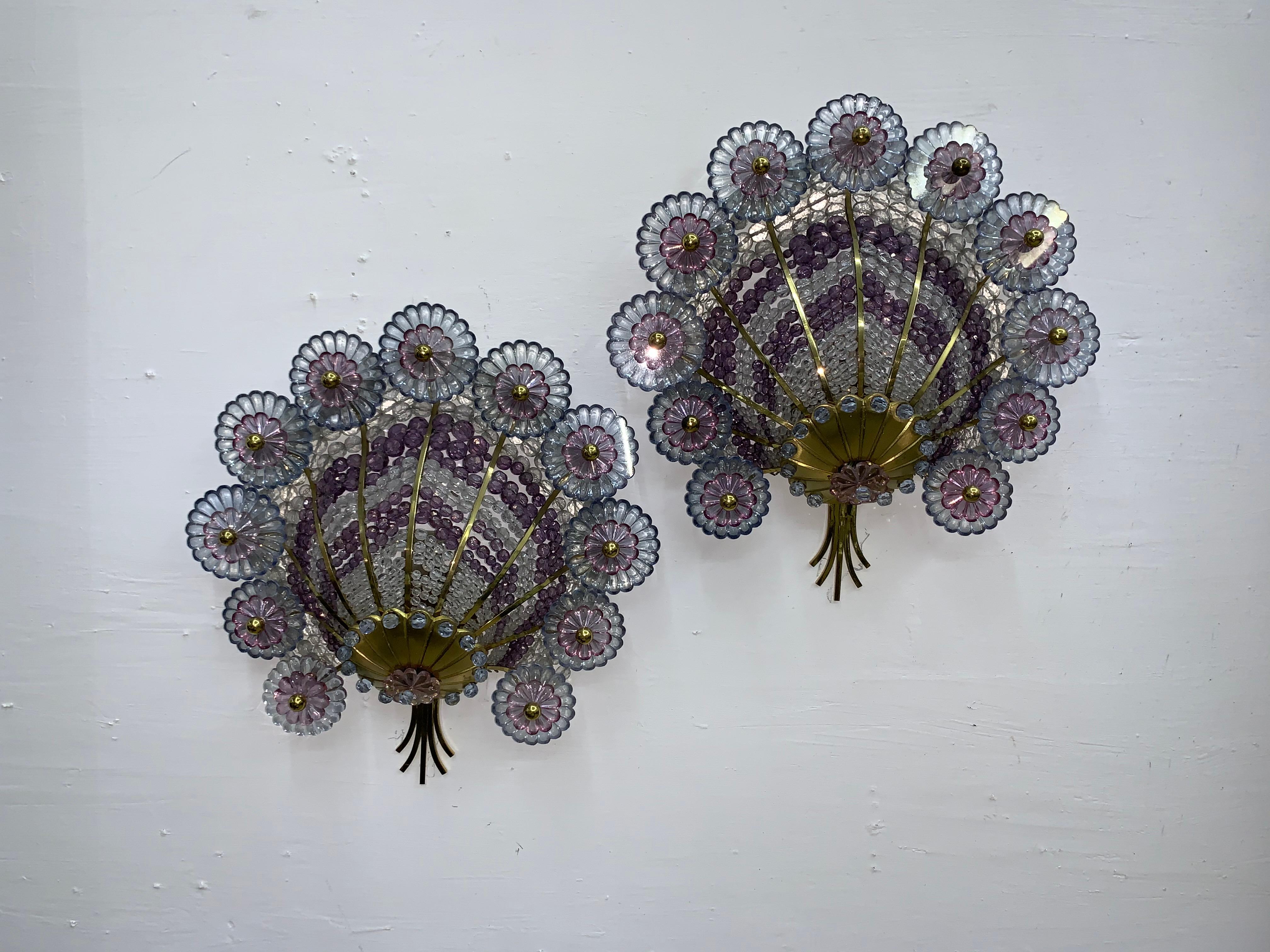 Hollywood Regency Style Sconces in Brass and Cut Glass Beads, Austria circa 1950 For Sale 12
