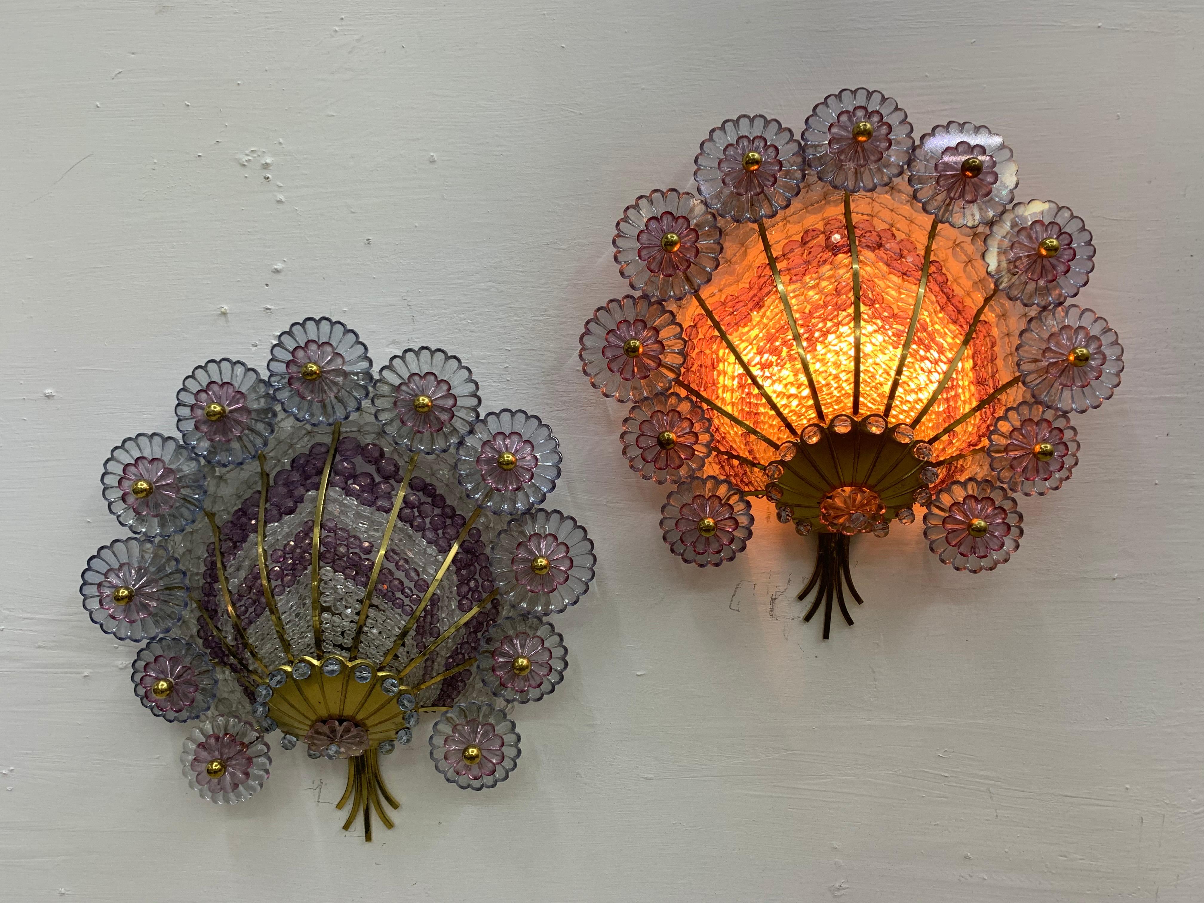 Hollywood Regency Style Sconces in Brass and Cut Glass Beads, Austria circa 1950 For Sale 1