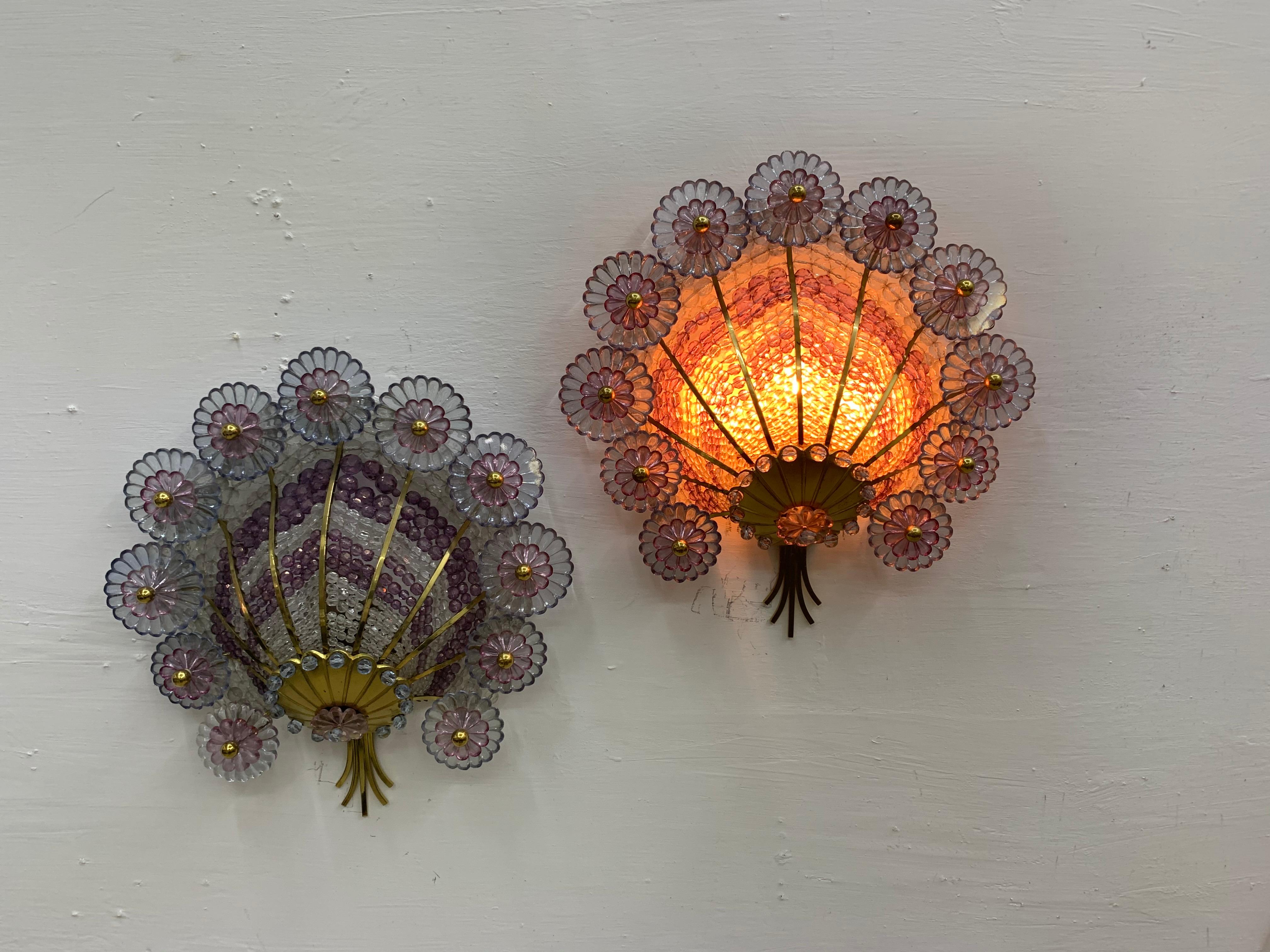 Hollywood Regency Style Sconces in Brass and Cut Glass Beads, Austria circa 1950 For Sale 4