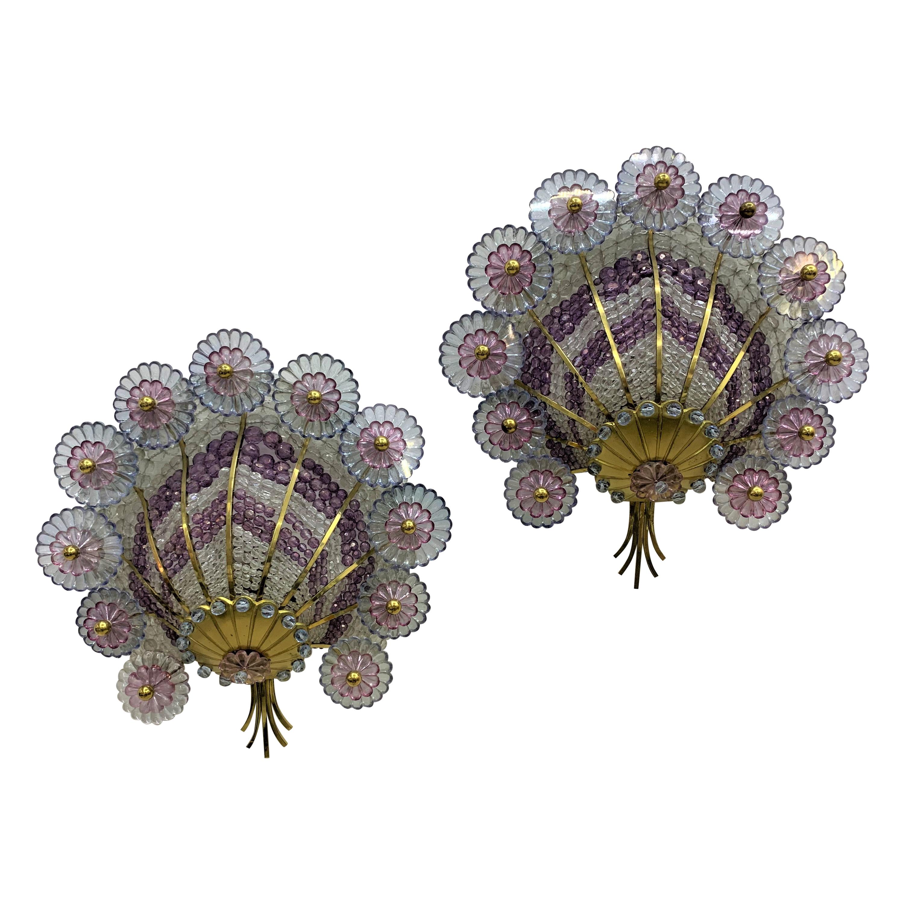 Hollywood Regency Style Sconces in Brass and Cut Glass Beads, Austria circa 1950 For Sale