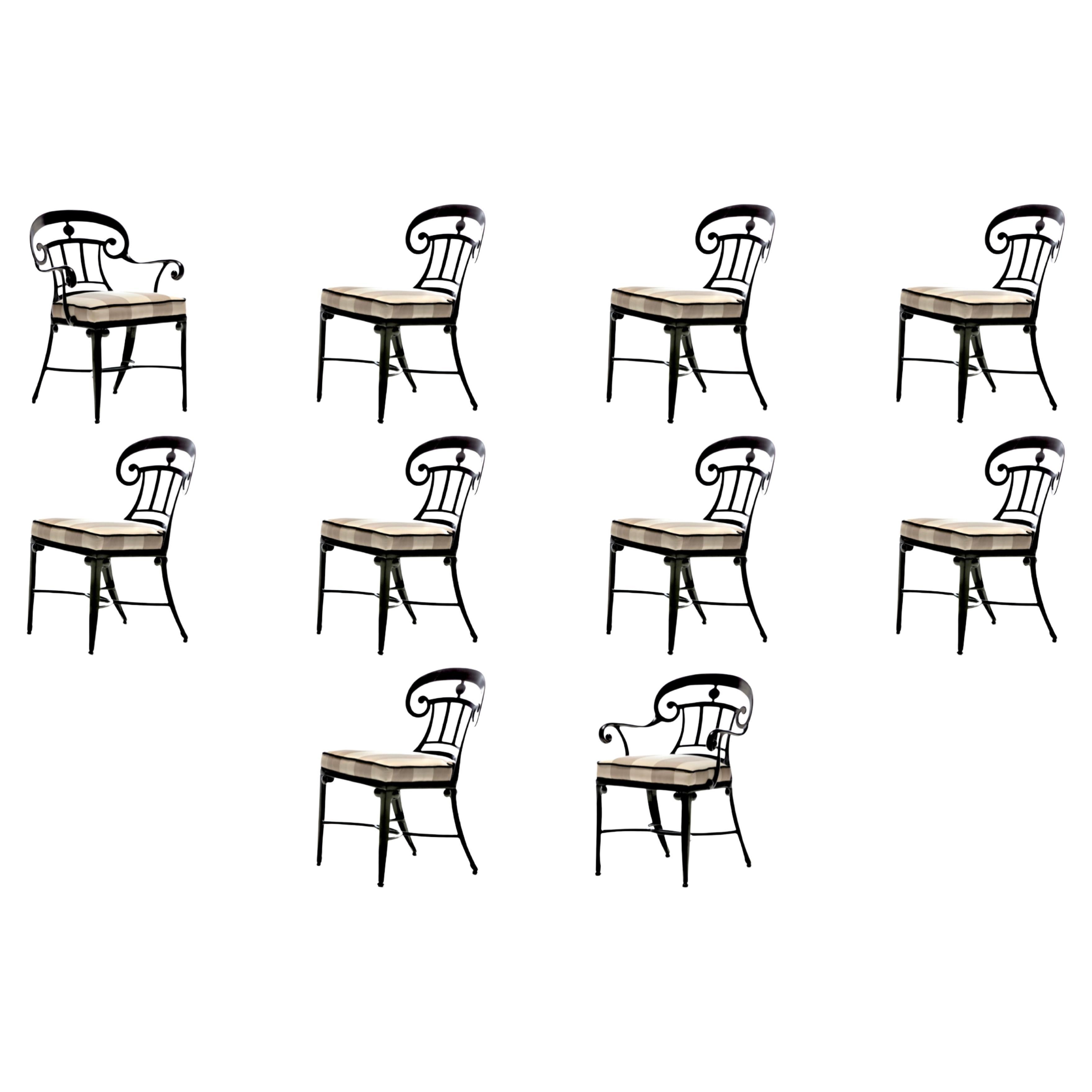 Hollywood Regency Style Set of 10 Indoor Outdoor Black Dining Chairs For Sale