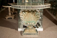 Hollywood Regency Style Shell Console Half Moon Antiqued Glass Top Mirror Base