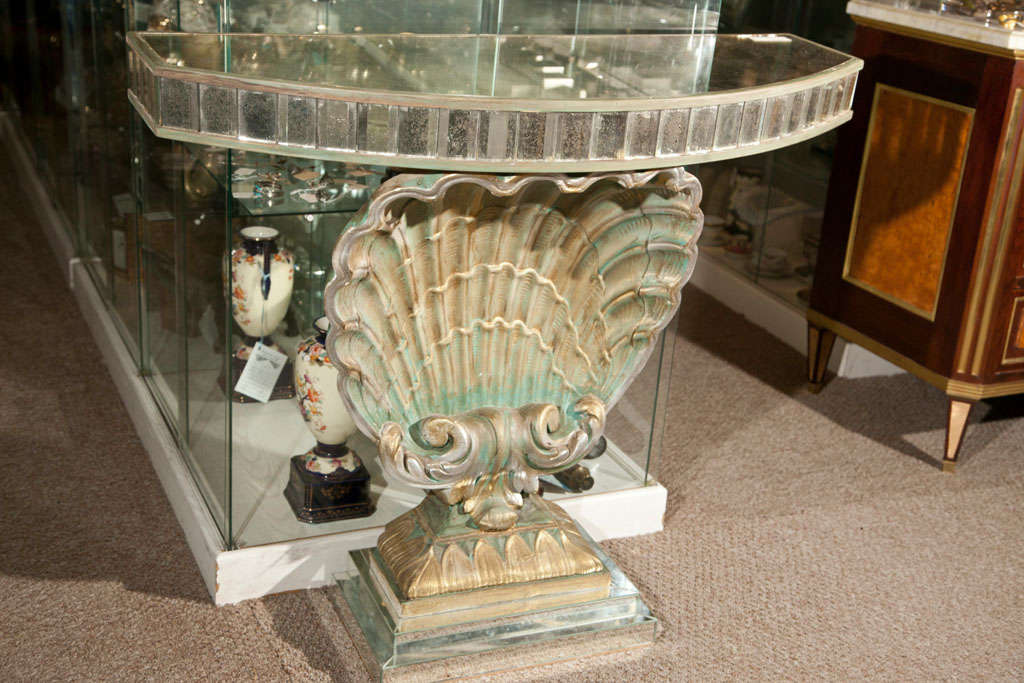 Hollywood Regency Style Shell Console Half Moon Antiqued Glass Top Mirror Base In Good Condition In Stamford, CT