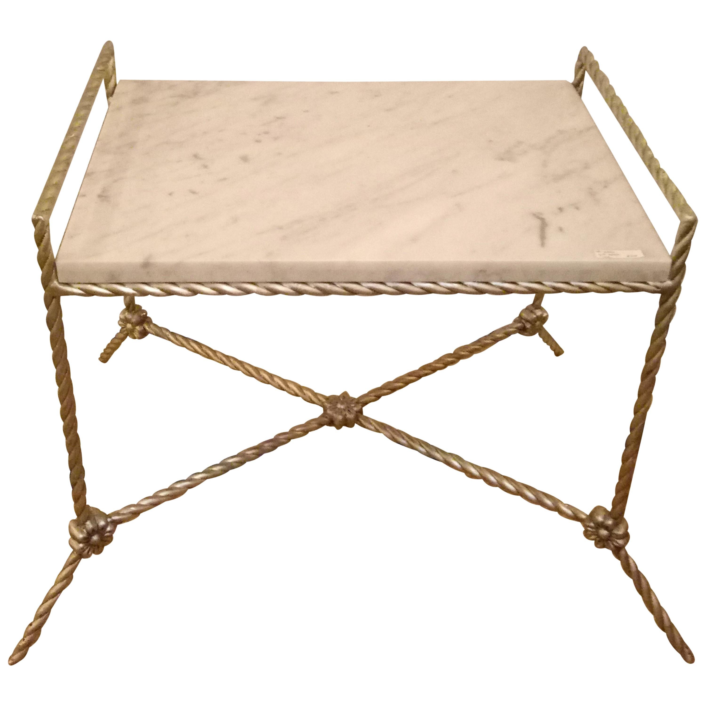 Hollywood Regency Style Silver Gilt Metal Bench or Side Table with a Marble Top