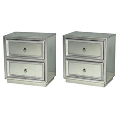 Stile Hollywood Regency, foglia d'argento, vetro anticato, comodini con specchio