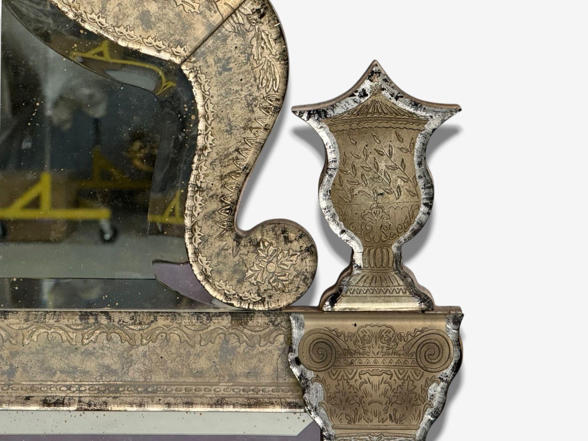 Hollywood Regency Style, Silver Leaf, Etched Glass, Venetian Wall Mirrors In Good Condition For Sale In Manhasset, NY