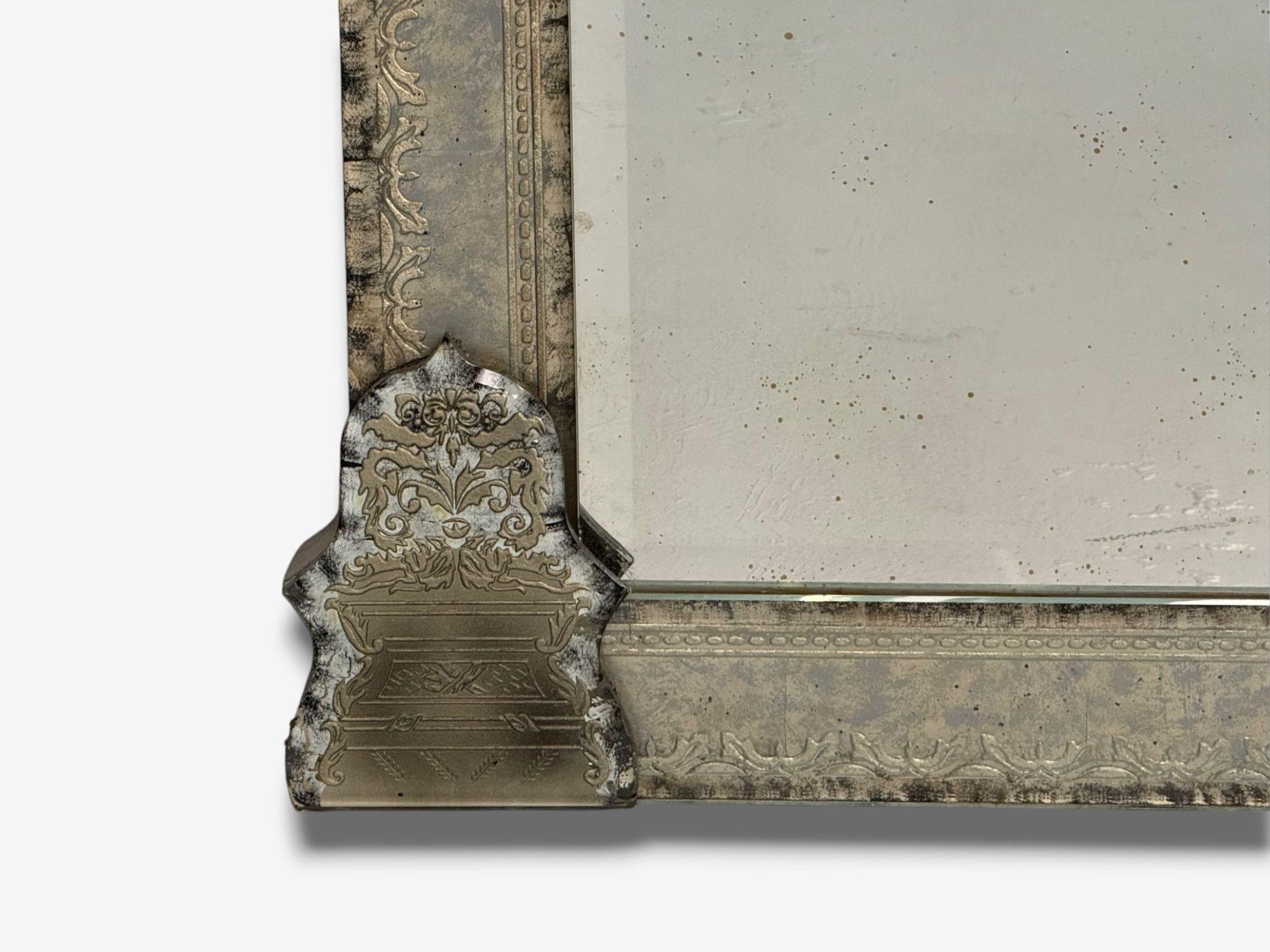 Contemporary Hollywood Regency Style, Silver Leaf, Etched Glass, Venetian Wall Mirrors For Sale