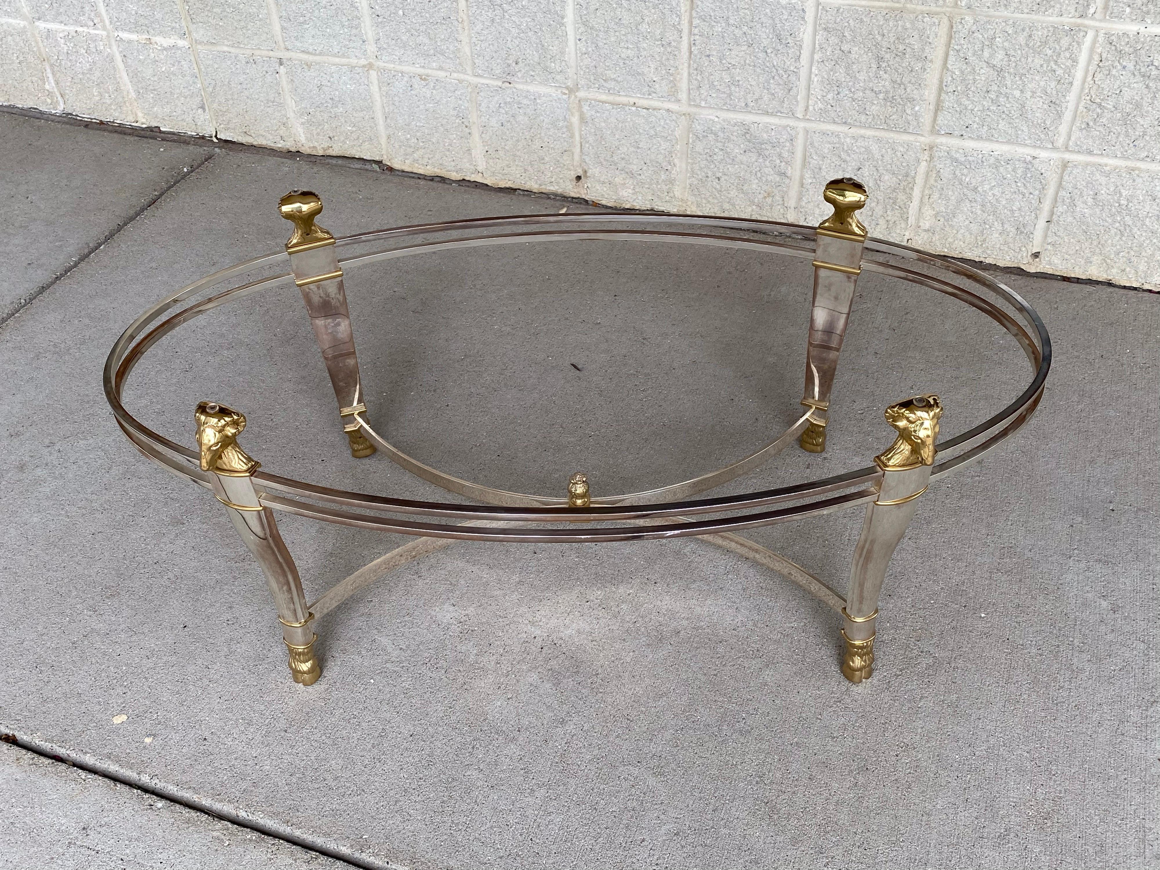 Italian Hollywood Regency Style Silver Plated and Brass Rams Head Cocktail Table For Sale